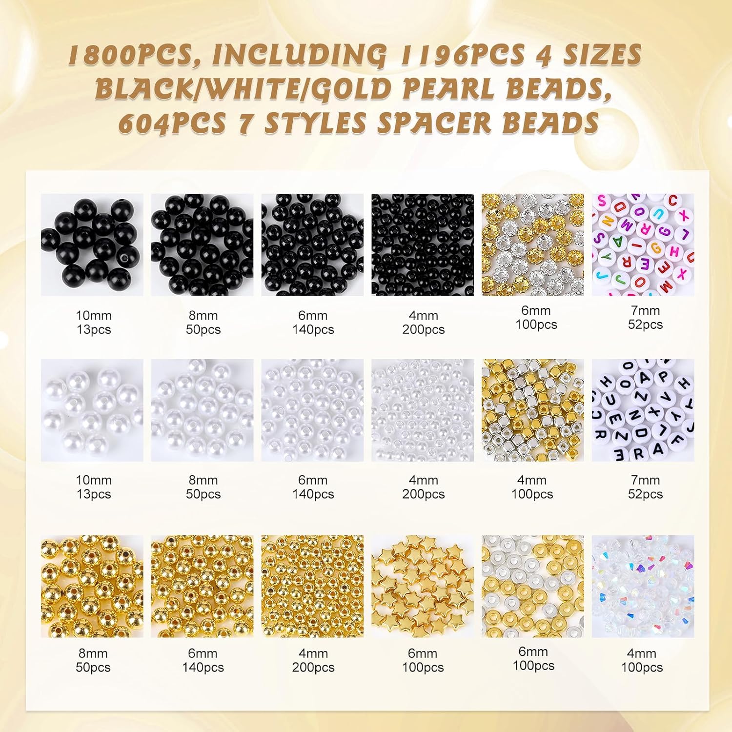 JADVY Kit de 1800 cuentas de perlas para hacer joyas con cuentas espaciadoras, cuentas de perlas negrablancadorada para pulseras, collares, aretes,