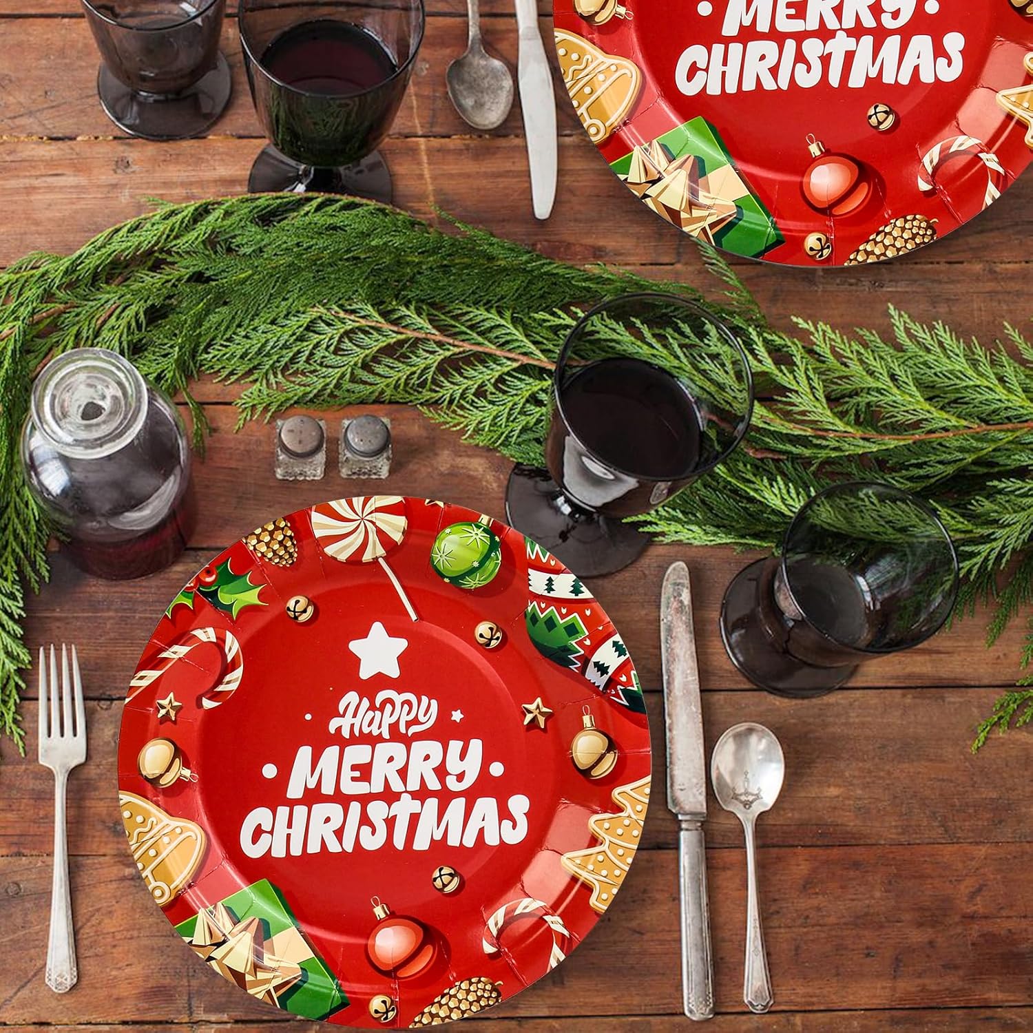 KFJBPB Paquete de 50 platos de papel de Navidad de 7 pulgadas, platos de papel desechables rojos de Feliz Navidad, platos de postre de Navidad,