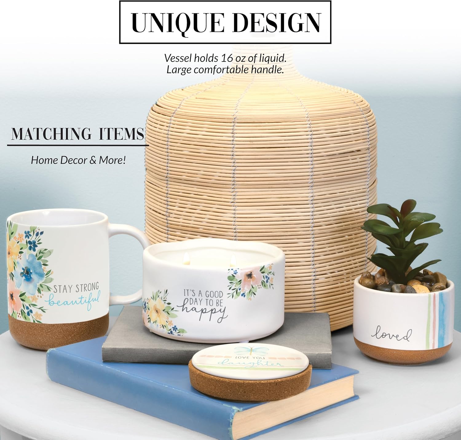 Pavilion Gift Company Stay Strong Beautiful – Taza de cerámica de 16 onzas con fondo glaseado de arena, floral, taza de café de mango grande, regalo