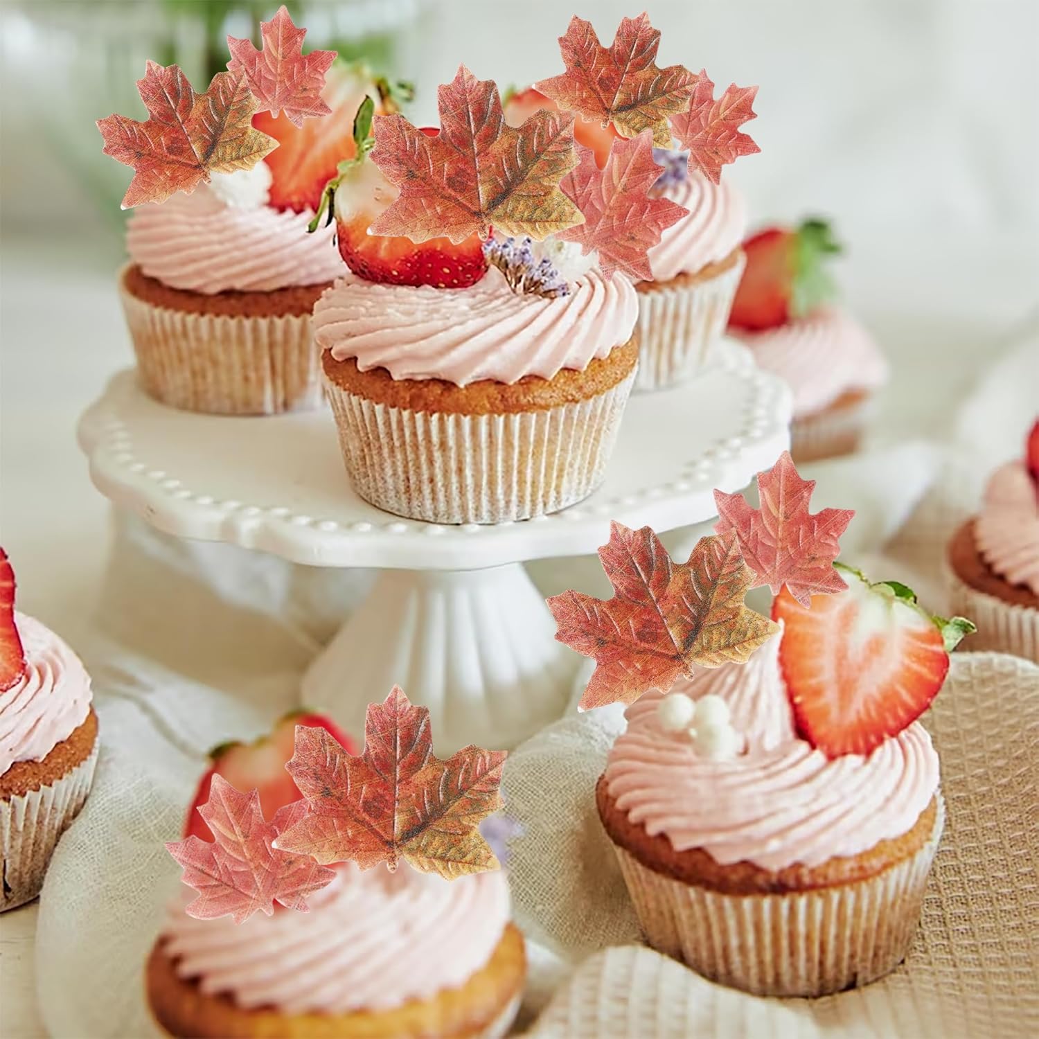 Paquete de 40 adornos comestibles de hojas de otoño para cupcakes de hojas doradas, hojas de arce de otoño, oblea de arroz, decoración de pasteles