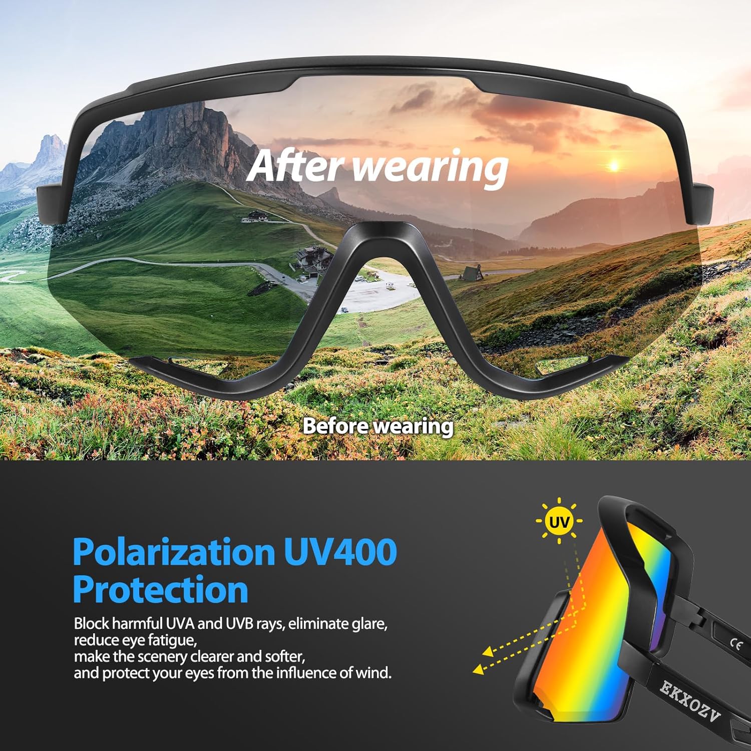 EKXOZV Gafas de sol deportivas polarizadas, con 2 máscaras de cuello, protección para ciclismo, correr, golf, para niños, mujeres y hombres.