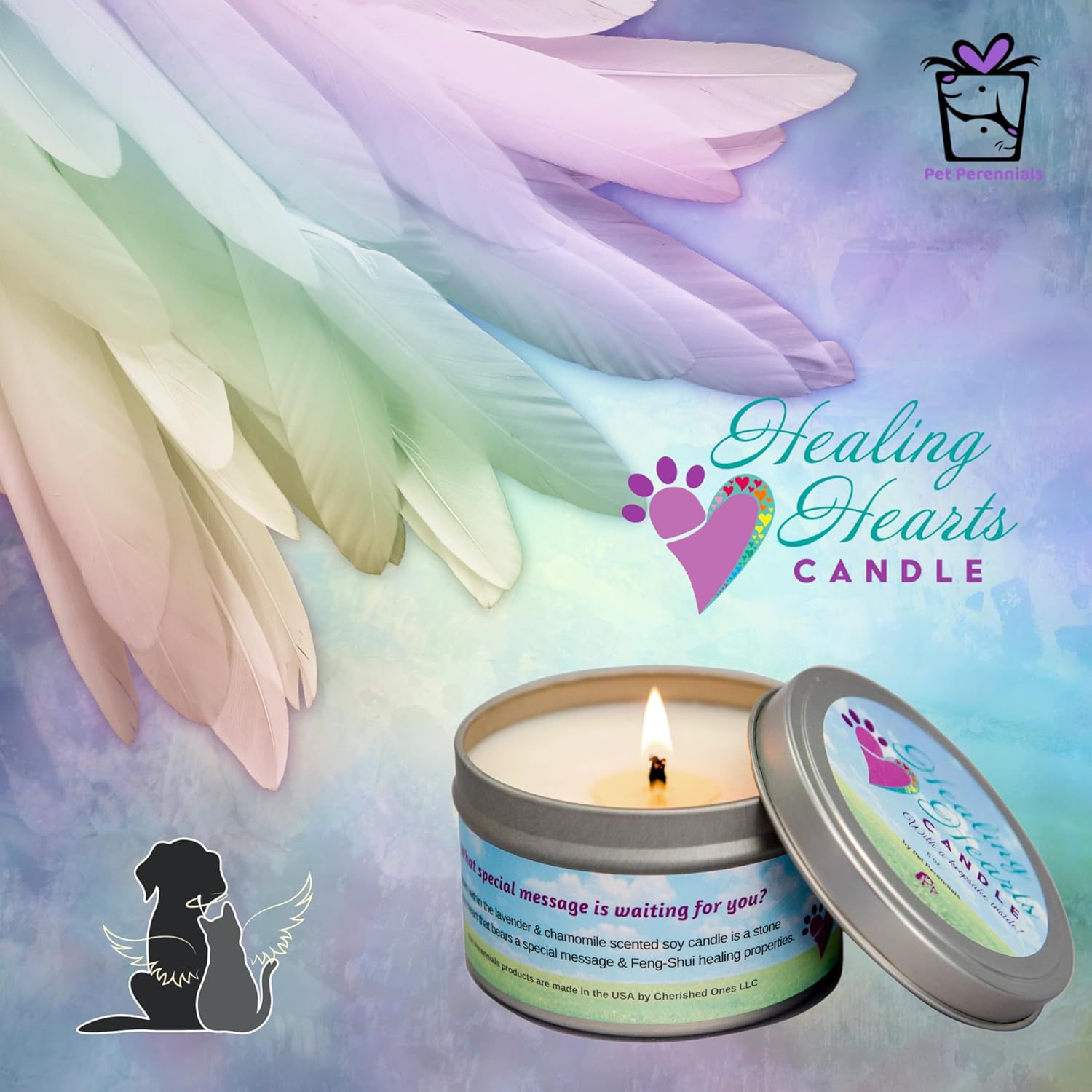 Pet Perennials Healing Hearts – Vela conmemorativa para mascotas, vela de soja con piedra de recuerdo de Feng-Shui (incrustada) Pérdida de regalos