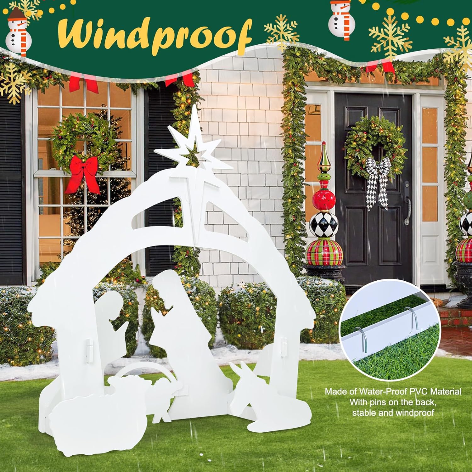 Belén para exteriores  Grandes juegos de Belén de Navidad 3D con focos, decoración de 3.8 pies, decoración de la familia sagrada de 45 pulgadas para