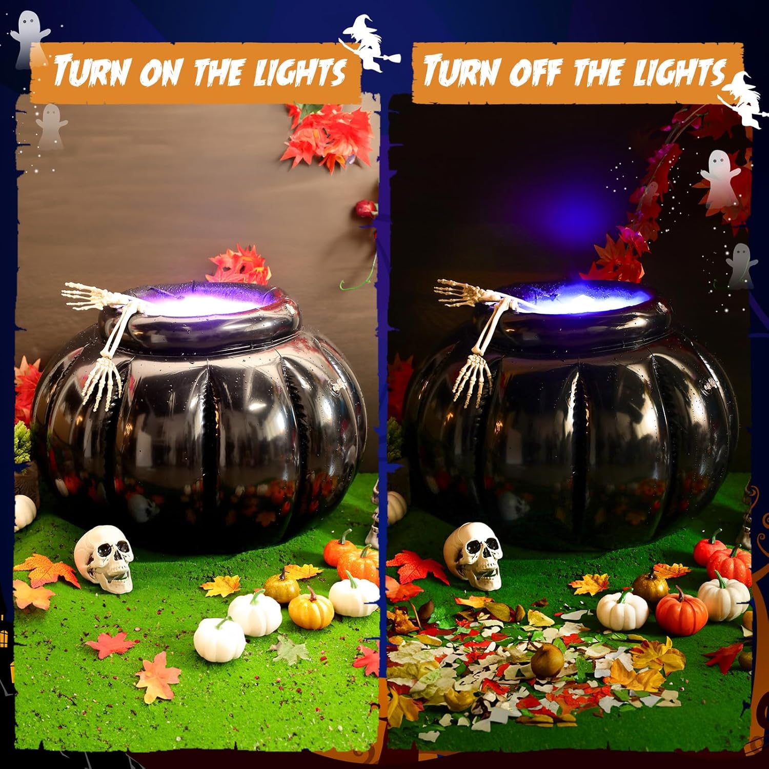 2 unidades de caldero inflable de Halloween con fabricante de niebla ultrasónica LED y cinta de conductos de 22 x 18 pulgadas, caldero de bruja,