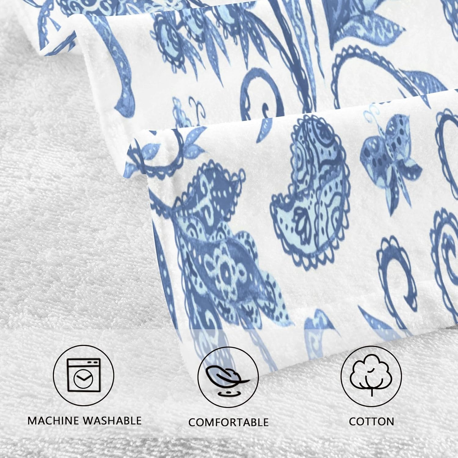 Juego de 2 toallas de algodón, toalla facial de secado rápido con flores azules y blancas, toallas de mano suaves y transpirables para baño,