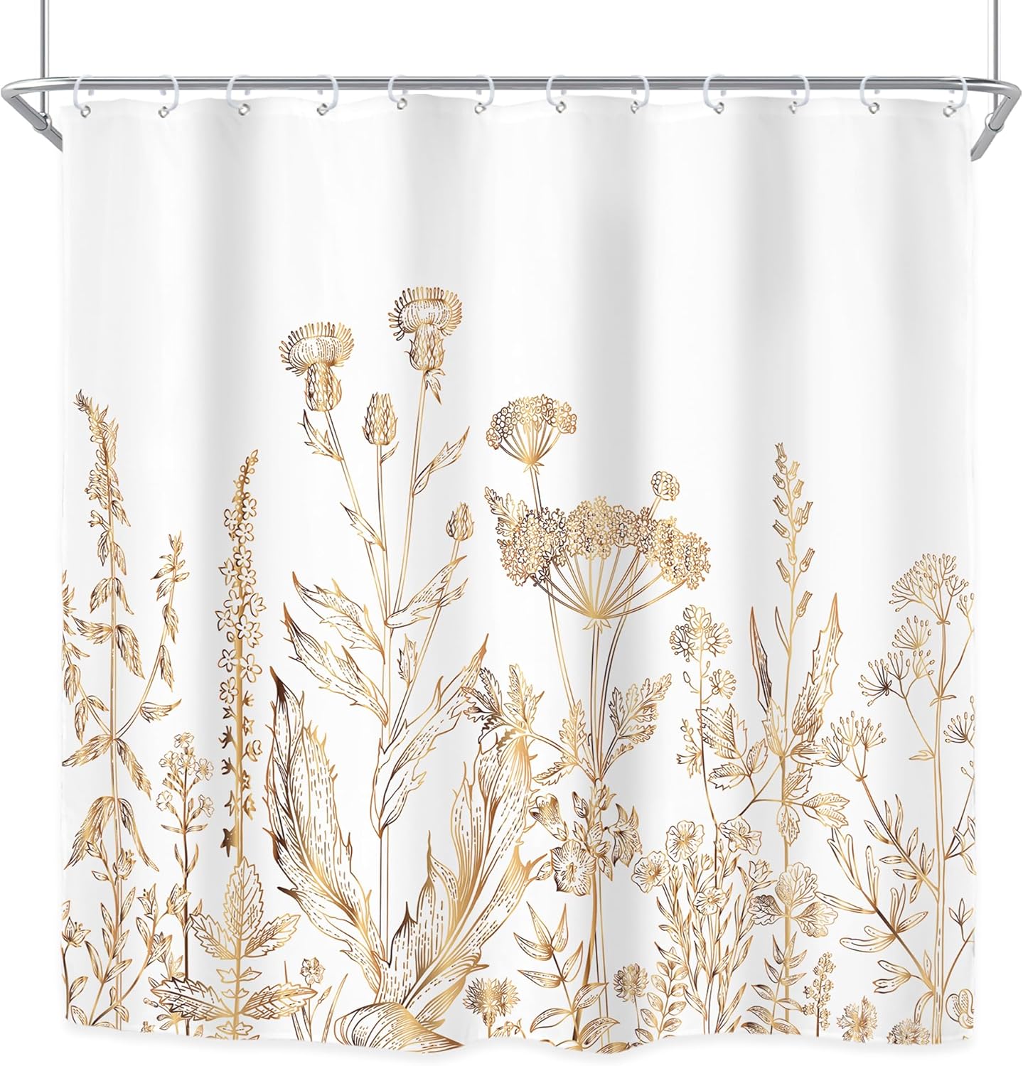 Riyidecor Cortina de ducha con flores silvestres florales de oro blanco para decoración de baño, 72 pulgadas de ancho x 72 pulgadas de alto, hierbas
