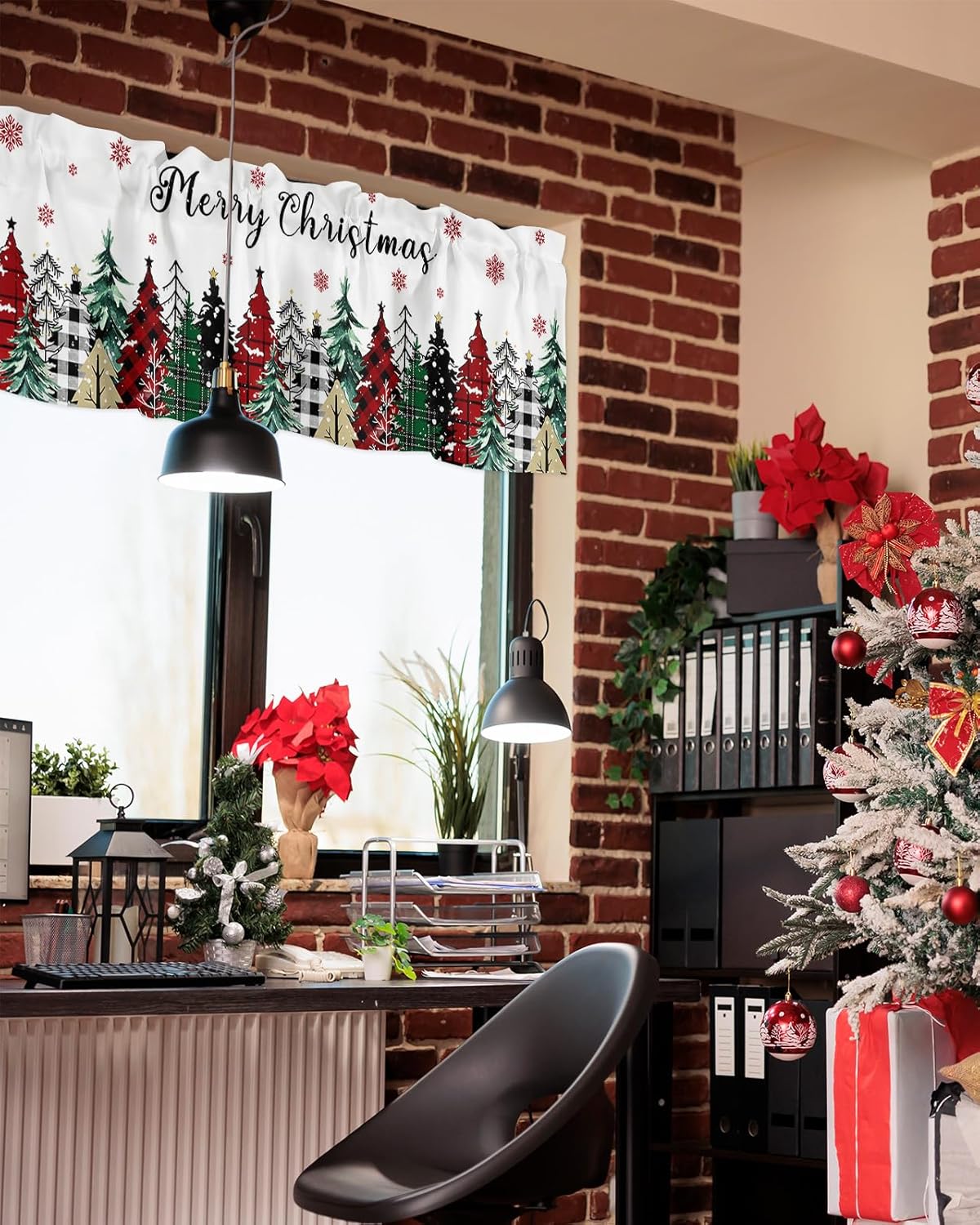 Cortinas de cenefas de Feliz Navidad para cocina, rojo, verde, negro, búfalo, árbol de Navidad, copos de nieve, cenefa de cocina blanca, cortinas