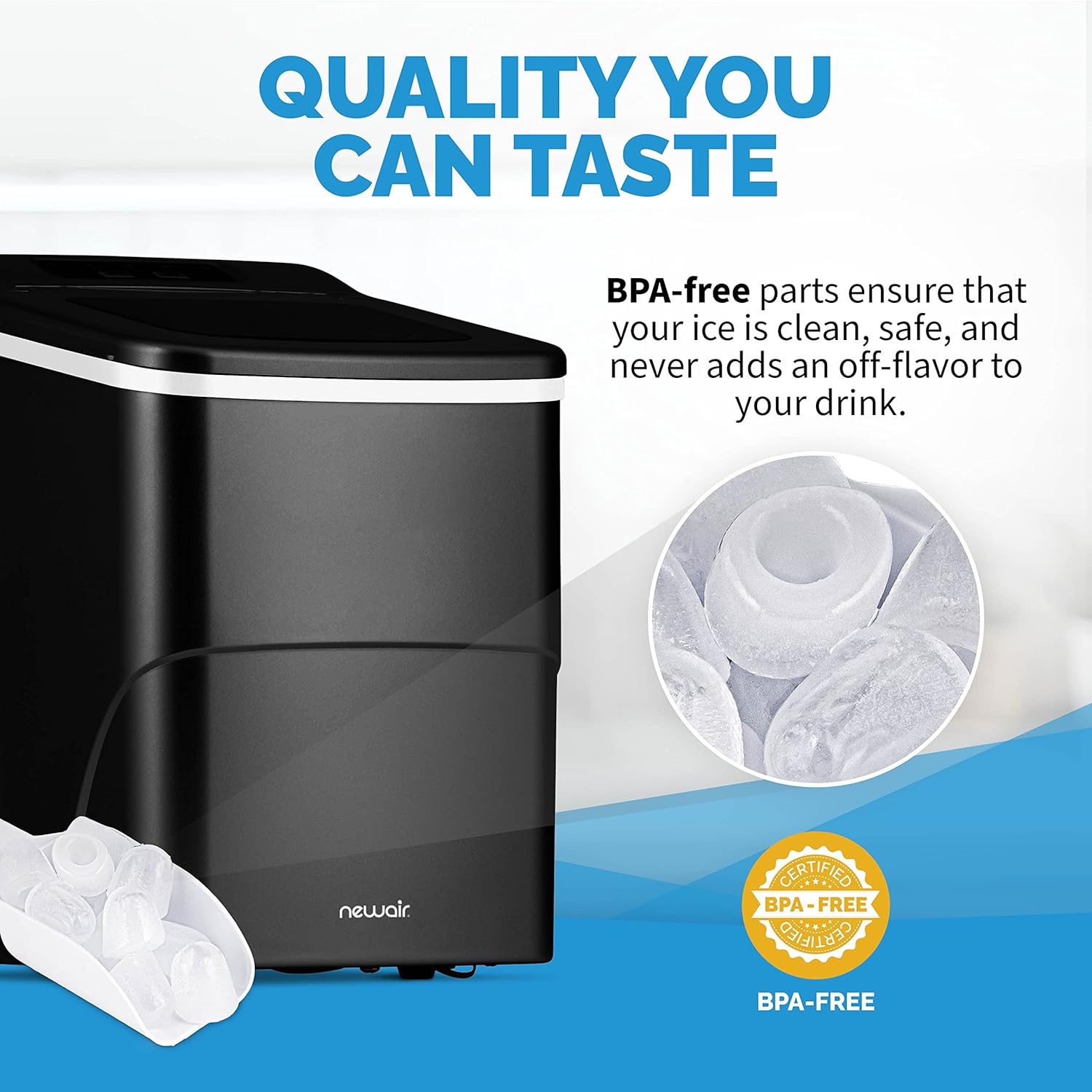 Newair Máquina de hielo para encimera, negro mate, portátil y ligera, control intuitivo, tamaño de hielo grande o pequeño, piezas fáciles de limpiar
