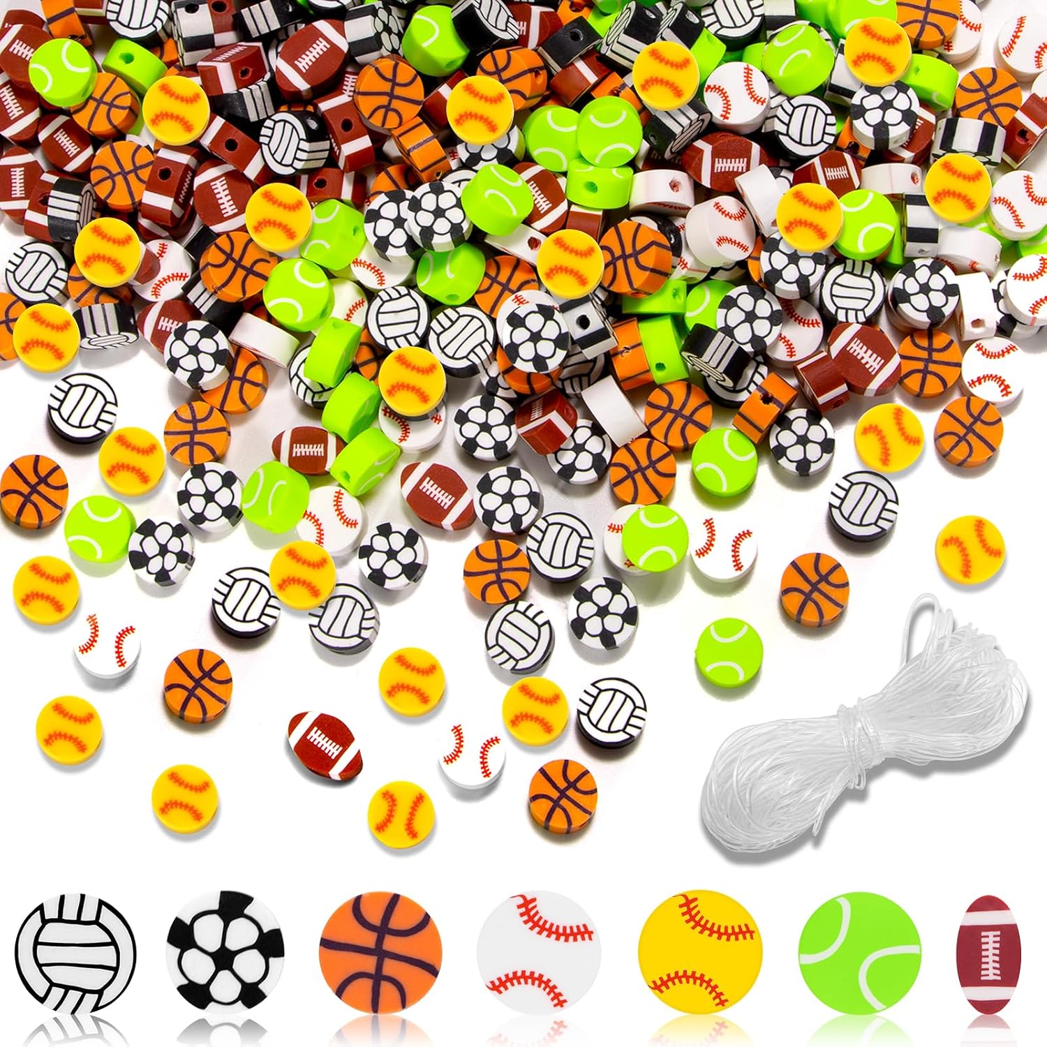 420 cuentas deportivas de arcilla polimérica deportiva, baloncesto, fútbol, tenis, voleibol, béisbol, fútbol, manualidades, cuentas con cuerda