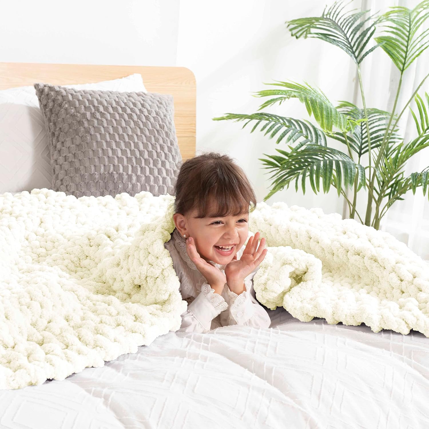 Clootess – Manta de felpilla de punto grueso, cálida, suave y acogedora para sillón y cama, decoración bohemia para el hogar (color marfil, 40 x