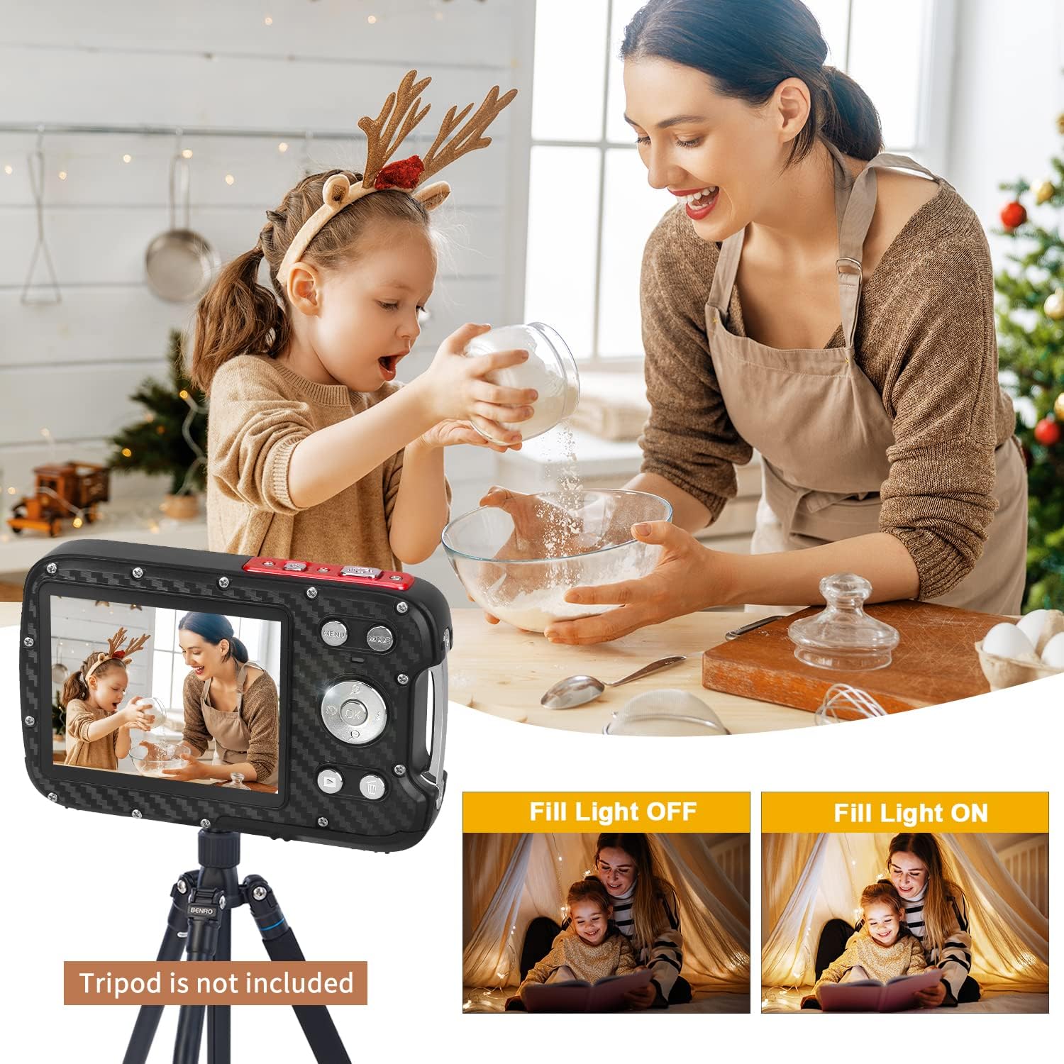 Cámara digital impermeable, cámara subacuática de 17 pies, LCD de 2.8 pulgadas, HD1080P 30MP videocámara para niños con tarjeta de 32G y batería