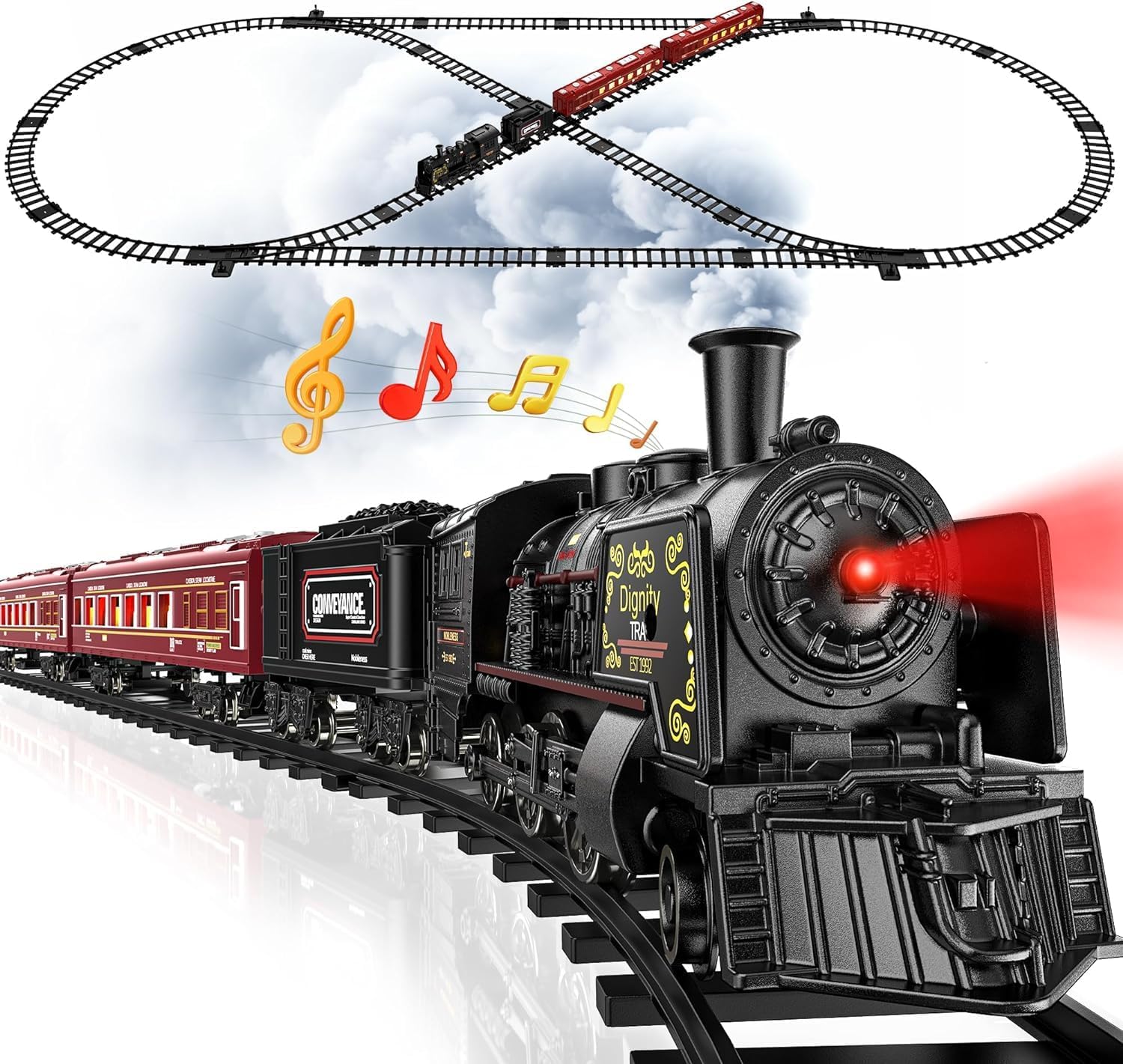 Hot Bee Juego de tren, juguetes de tren con pistas de lujo, tren de juguete de metal, autos de pasajeros brillantes, trenes eléctricos con humo,