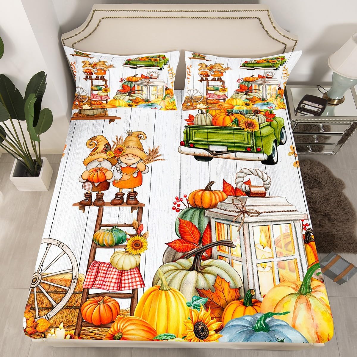 Happy Fall Y’all Juego de sábanas tamaño individual, juego de ropa de cama de calabaza de cosecha de otoño para niños pequeños, hojas de otoño,