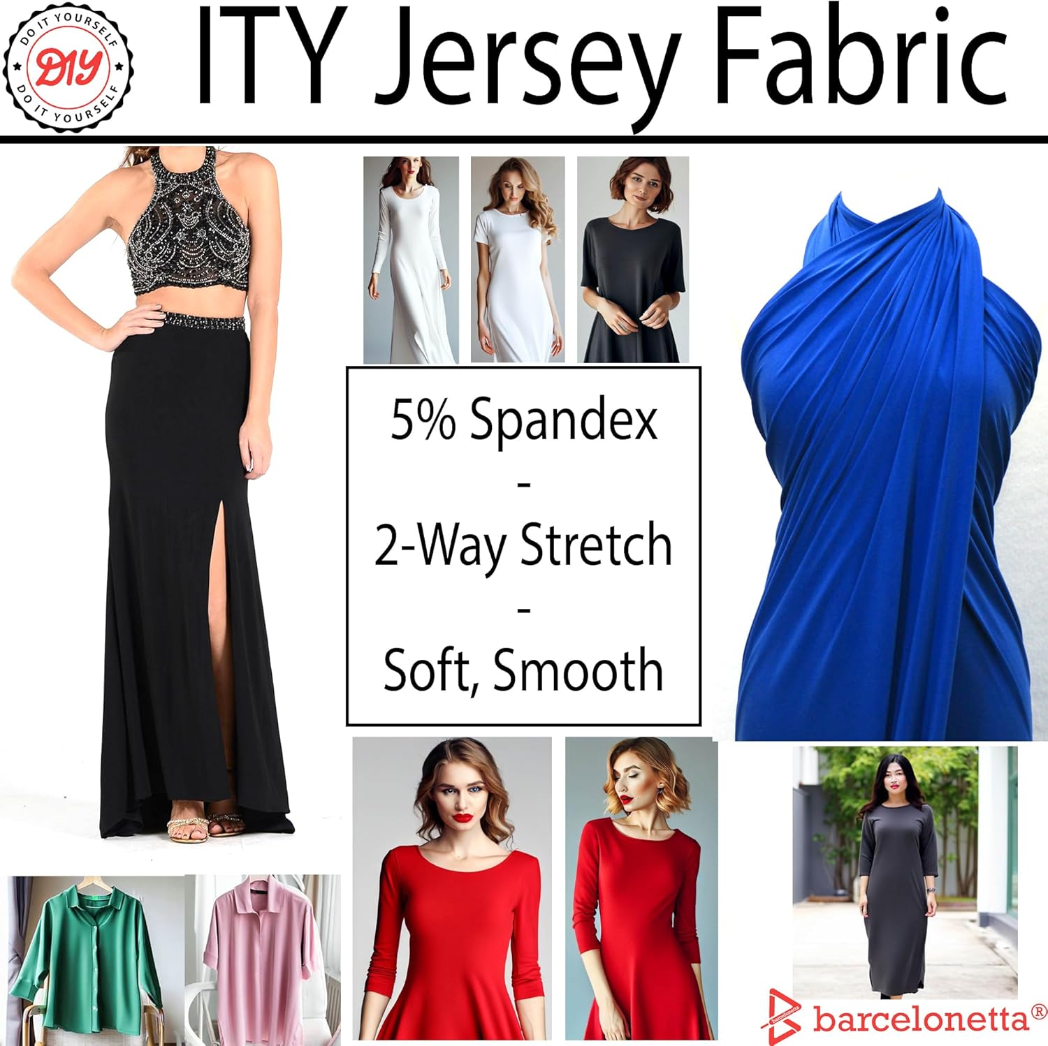Tela ITY  2 yardas  Tela de punto de elastano  Elástica  Antiarrugas, transpirable, 60 pulgadas de ancho, ropa, vestido, parte superior, falda