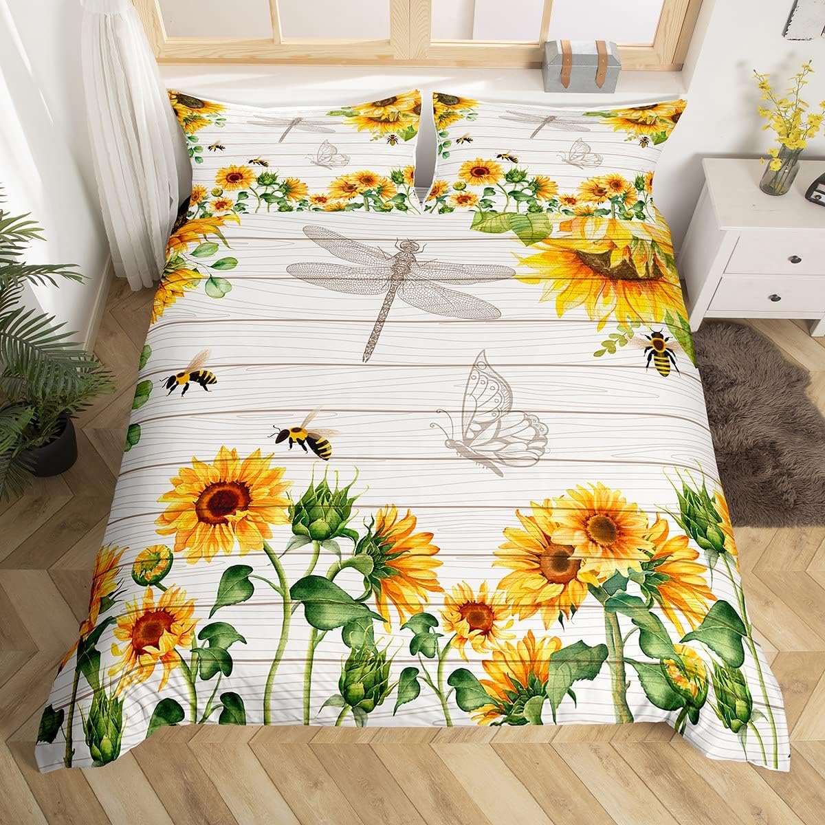 Juego de funda de edredón de girasol, flores amarillas y abejas, diseño de libélula y mariposa, para niños y niñas, ramas botánicas, temática de