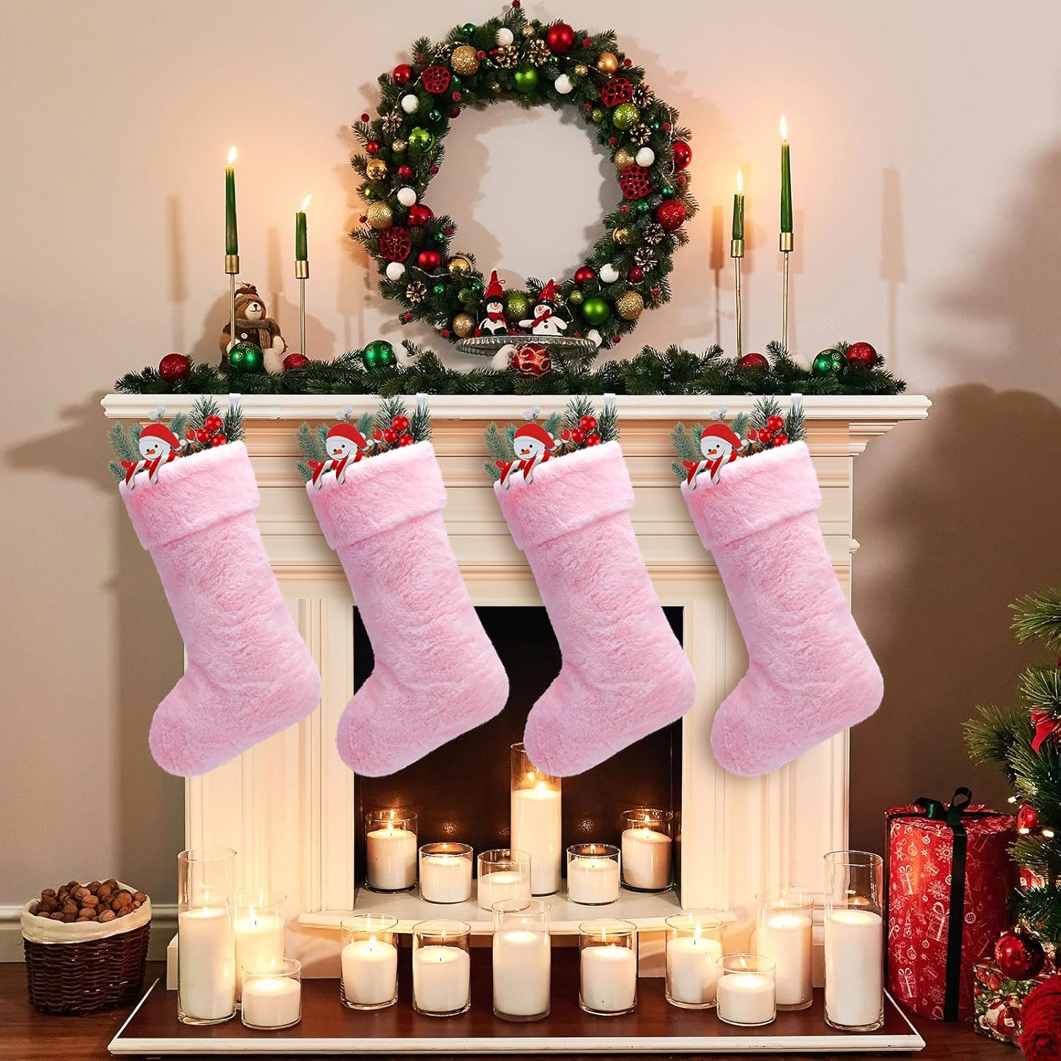 JOVITEC Medias de Navidad de piel sintética de 20 pulgadas, calcetín de nieve para colgar en la chimenea para decoración de vacaciones (rosa, 4