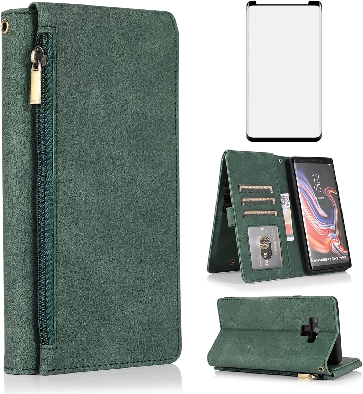 Asuwish Compatible con Samsung Galaxy Note 9 – Funda tipo cartera de vidrio templado, protector de pantalla y cremallera de cuero retro, soporte