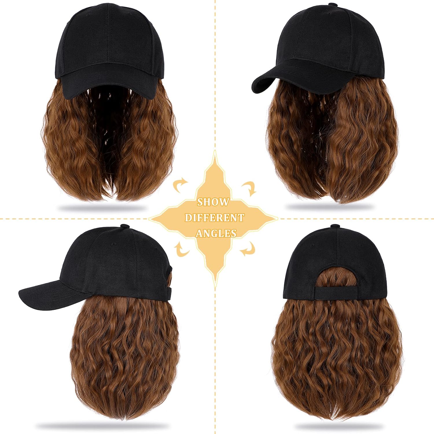 Lansigreen Gorra de béisbol con extensiones de cabello, peluca ajustable, gorra rizada de 14 pulgadas, peluca sintética para mujer, castaño claro