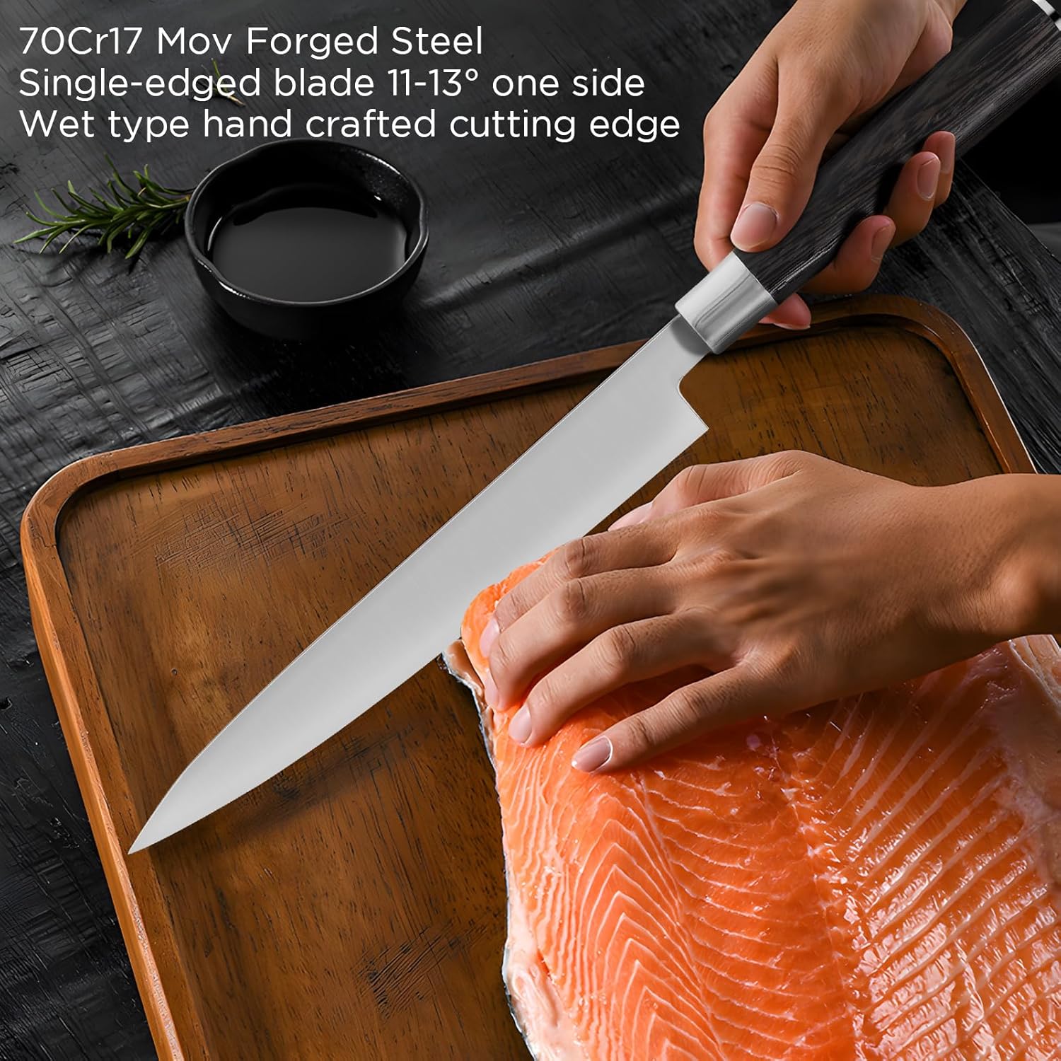 Cuchillo Sashimi, juego de cuchillos de sushi de 9.3 pulgadas con funda, afilador, paño de limpieza, caja de regalo, cuchillo Yanagiba HC 70cr17mov