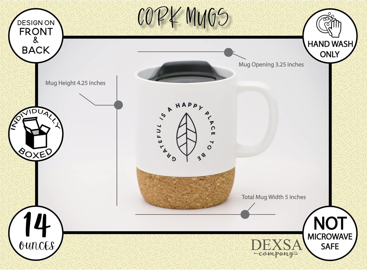 Taza de café de diseño de cerámica  Grateful is a happy place to be  Capacidad para 14 onzas  Parte inferior de corcho con tapa  Ideal para café,