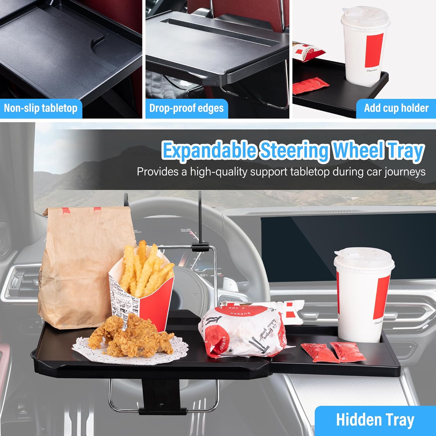 VarCozy Bandeja plegable para volante de automóvil, bandeja plegable para reposacabezas trasero con bandeja expandible y ranura para tazas de