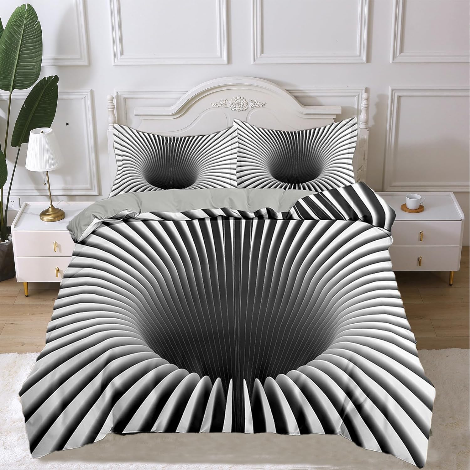 Juego de ropa de cama con agujeros blancos y negros para dormitorio de niños, juego de funda de edredón de abstracción visual, funda de edredón de