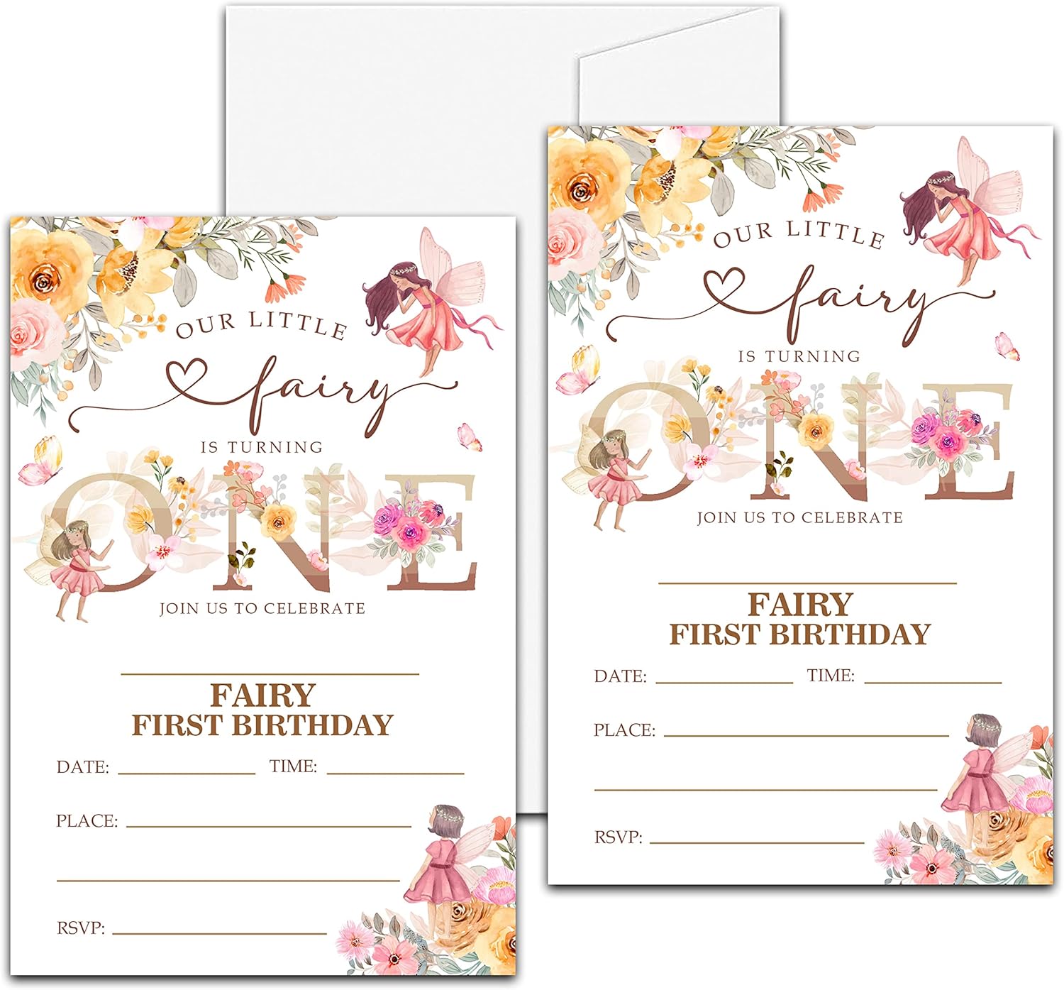 Invitación de fiesta de primer cumpleaños de hada, invitaciones de relleno con temática de hadas de jardín, 20 invitaciones florales con sobres para