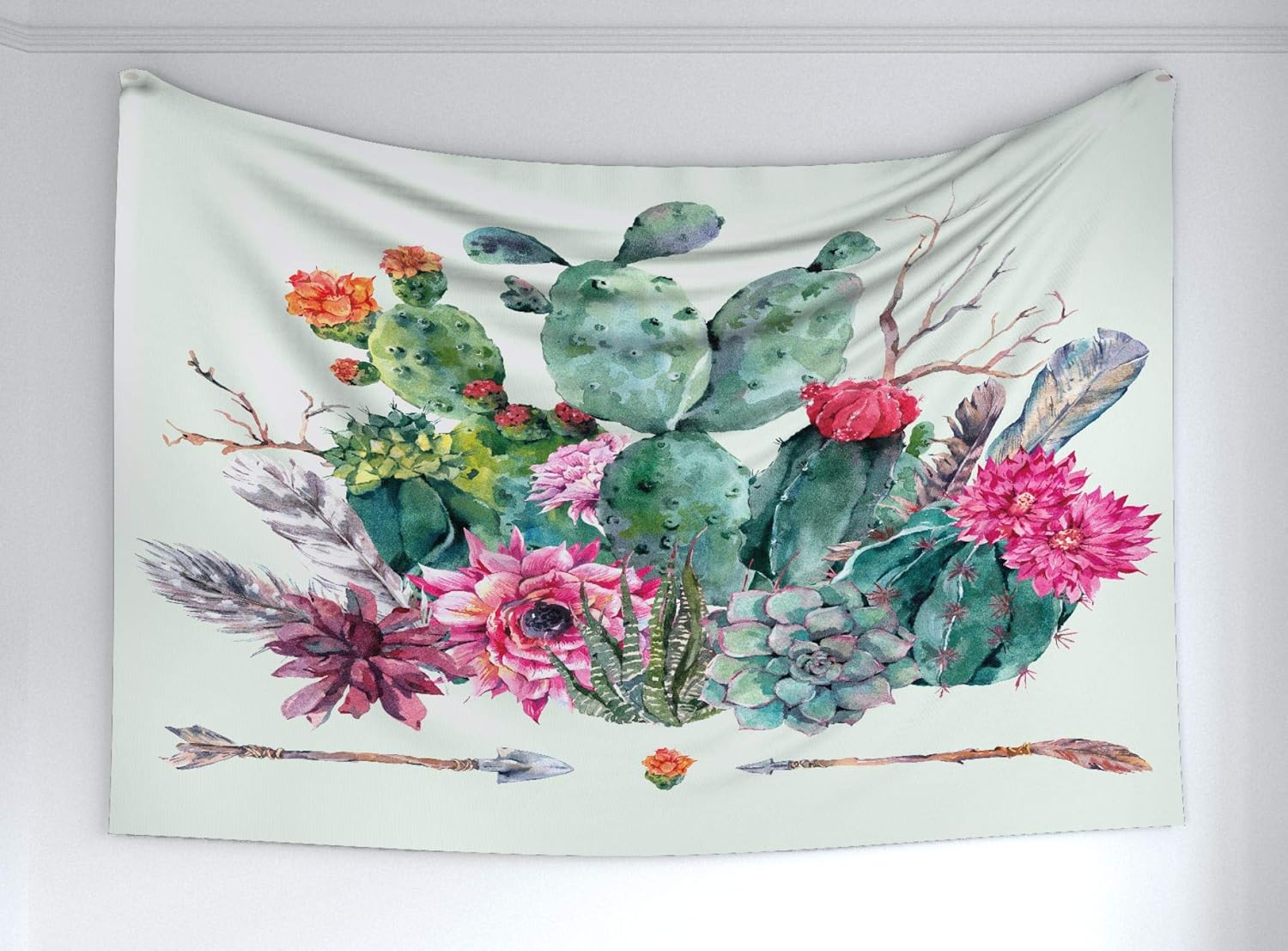 Ambesonne Tapiz de cactus, jardín de primavera, estilo bohemio, ramo de plantas espinosas, flores, flechas, plumas, decoración para colgar en la