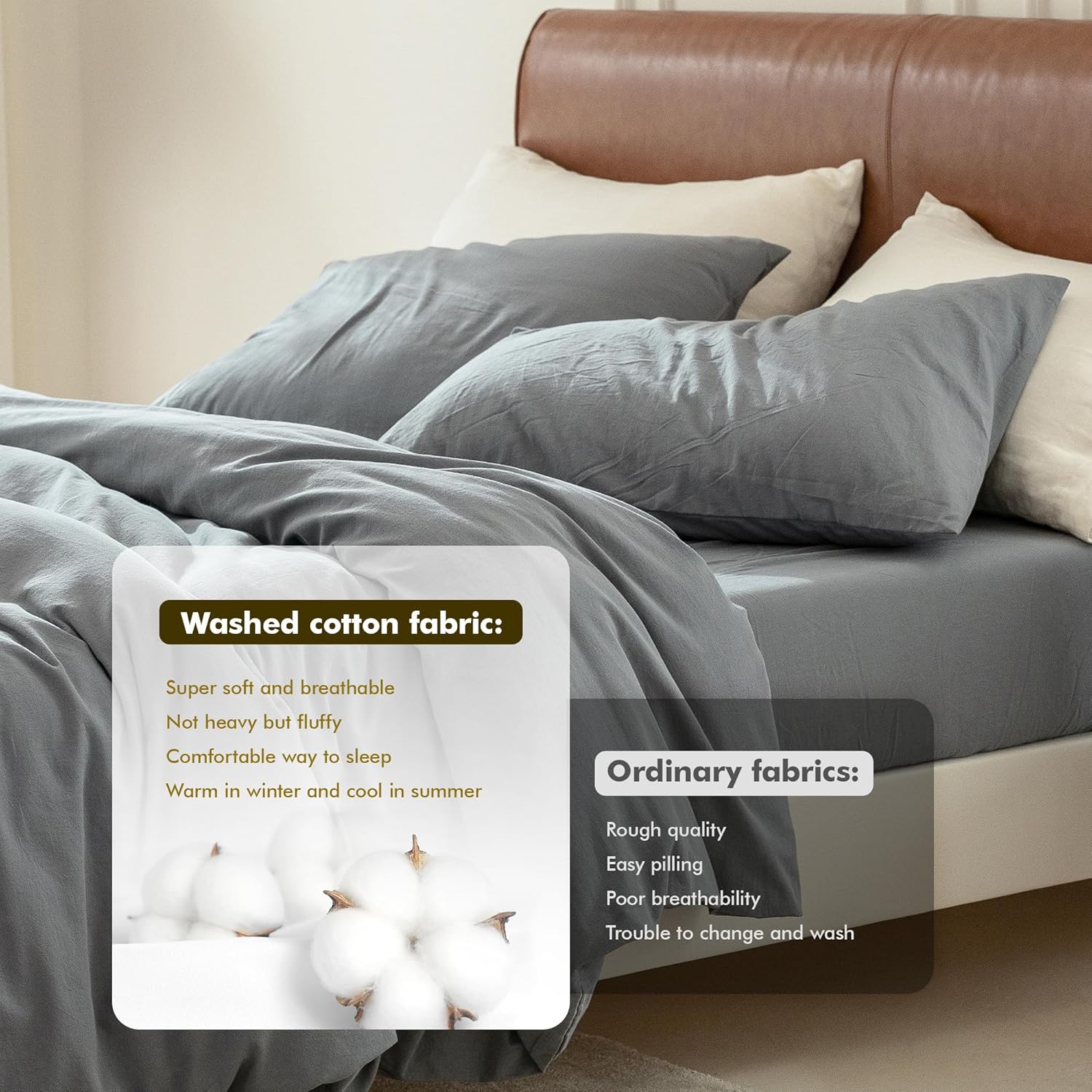 FOSSA Juego de funda de edredón 100% algodón lavado, juego de ropa de cama de 2 piezas de sarga suave, acogedor, transpirable, resistente,