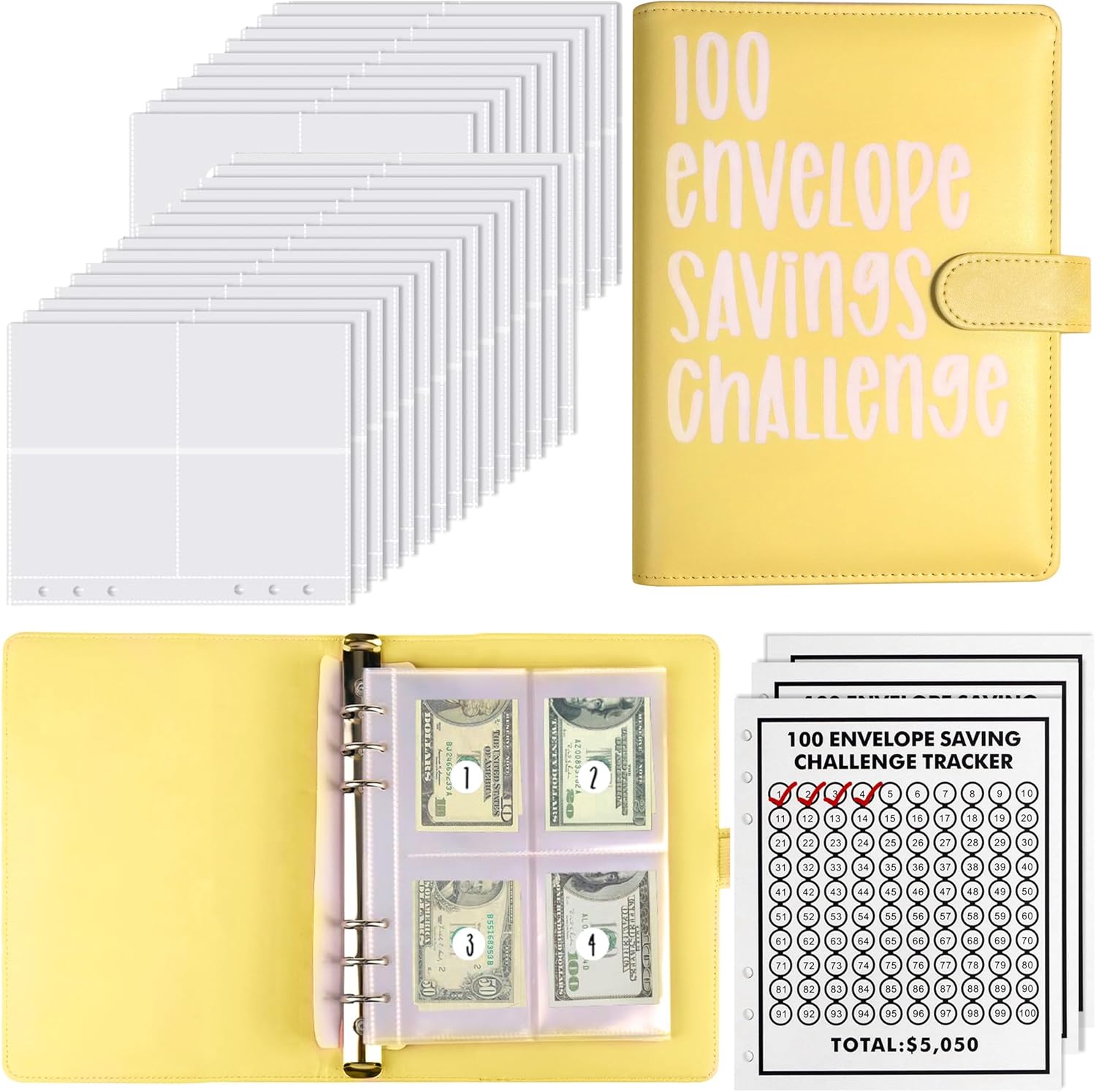 Burfield Carpeta de desafío para ahorrar dinero, organizador de libros con sobres para efectivo de 100 días, presupuesto, reemplazo de caja de