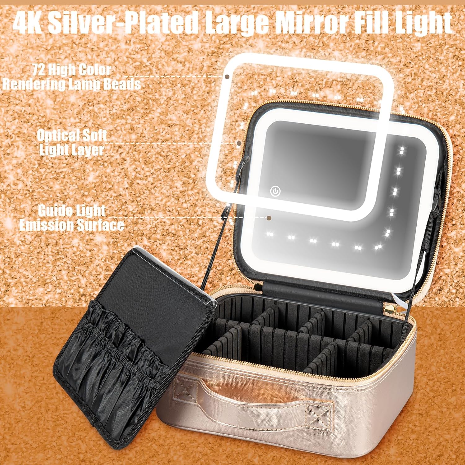 Bolsa de viaje de maquillaje con espejo iluminado LED, brillo ajustable, estuche de maquillaje portátil impermeable con divisores ajustables,