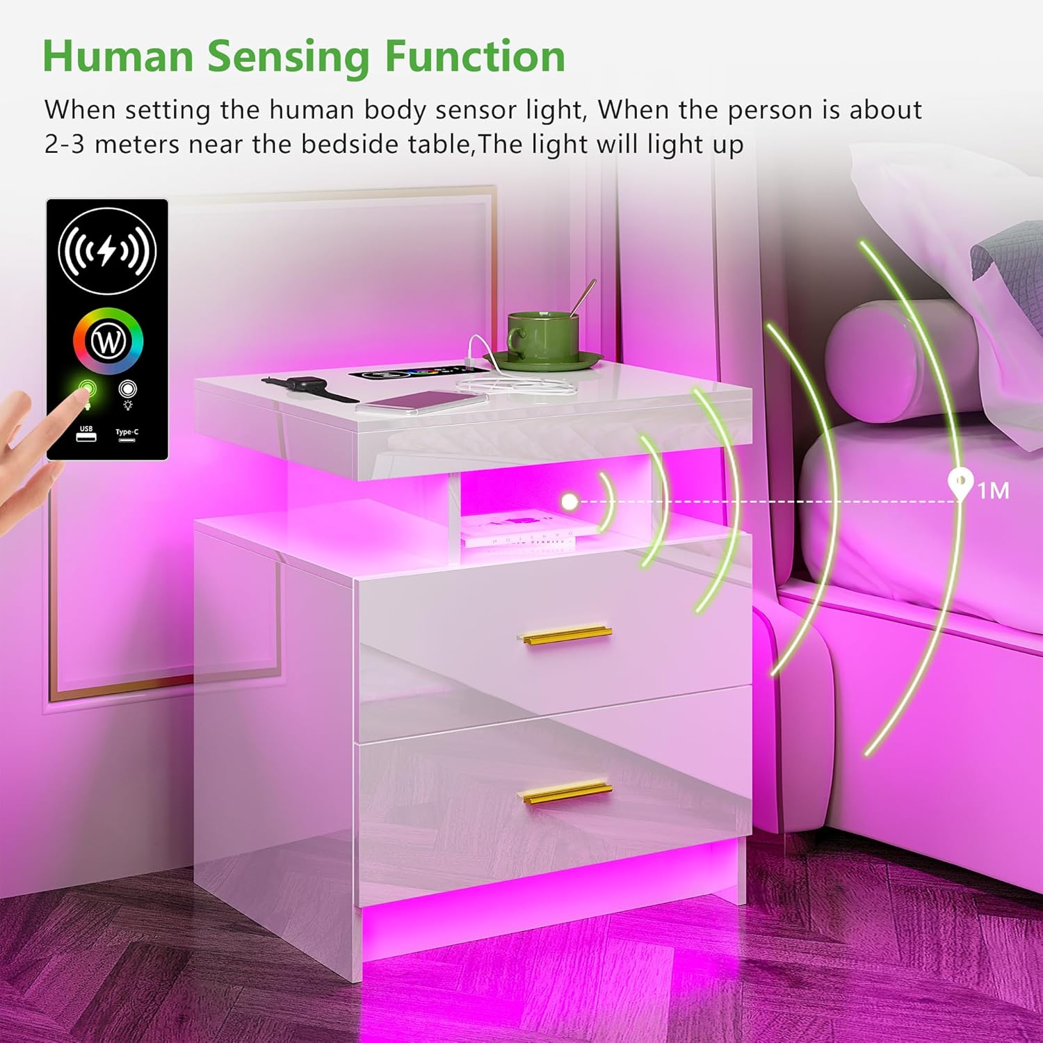 HNEBC Mesita de noche LED, RGB blanco con estación de carga USBinalámbrica, moderna mesita de noche con sensor automático de luces RGB, mesa