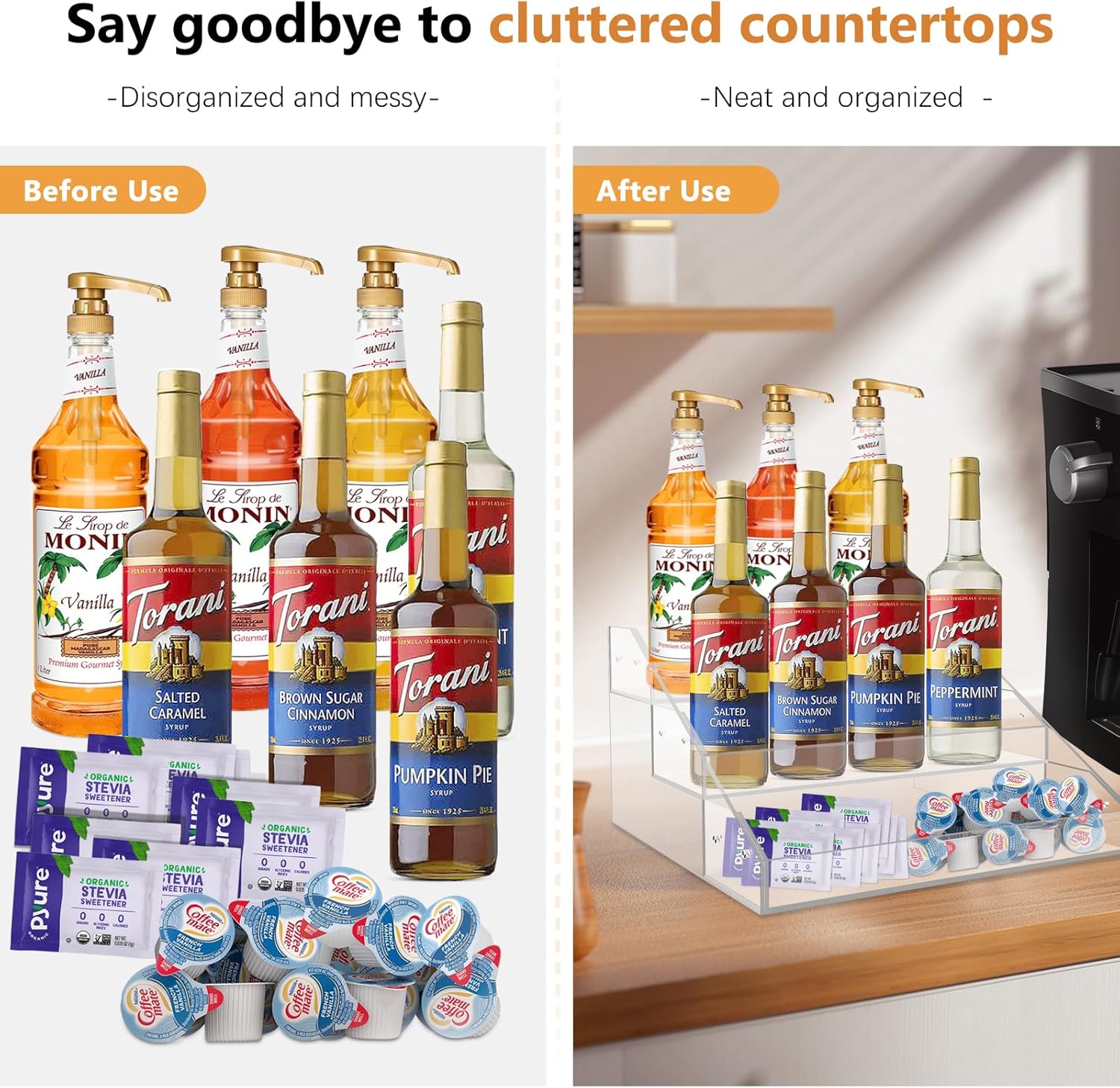 Organizador acrílico para jarabe de café, 3 niveles para 12 botellas, soporte para jarabe de café, accesorios de barra de café y organizador para