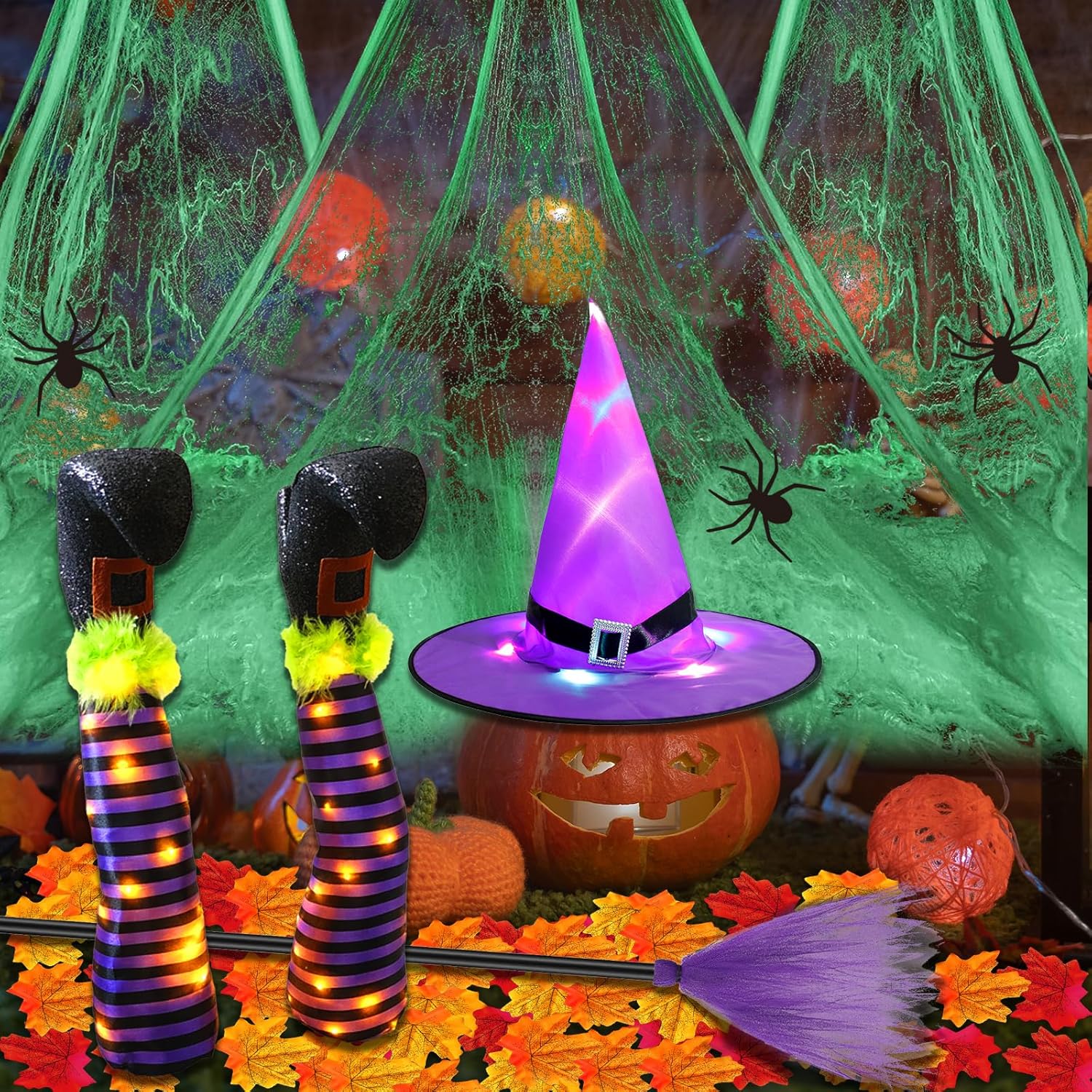 Estacas de Halloween para patio, decoración de patas de bruja LED, decoración de bruja de Halloween iluminada al aire libre, sombrero de bruja LED,