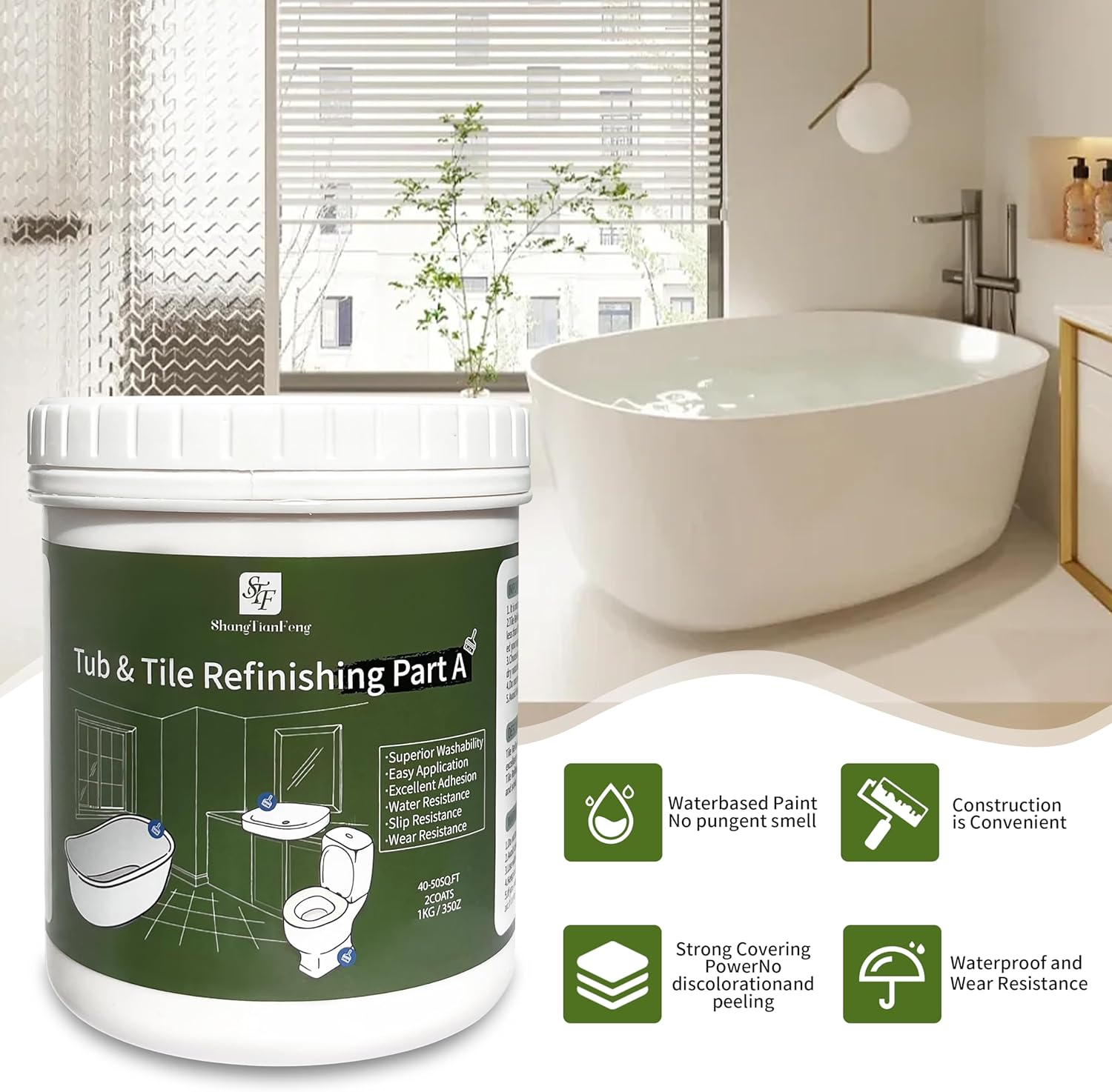ShangTianFeng Kit de acabado de pintura para azulejos (blanco vainilla35 onzas), fácil de usar, pintura para bañera, lavabo, cocina, encimera, bajo