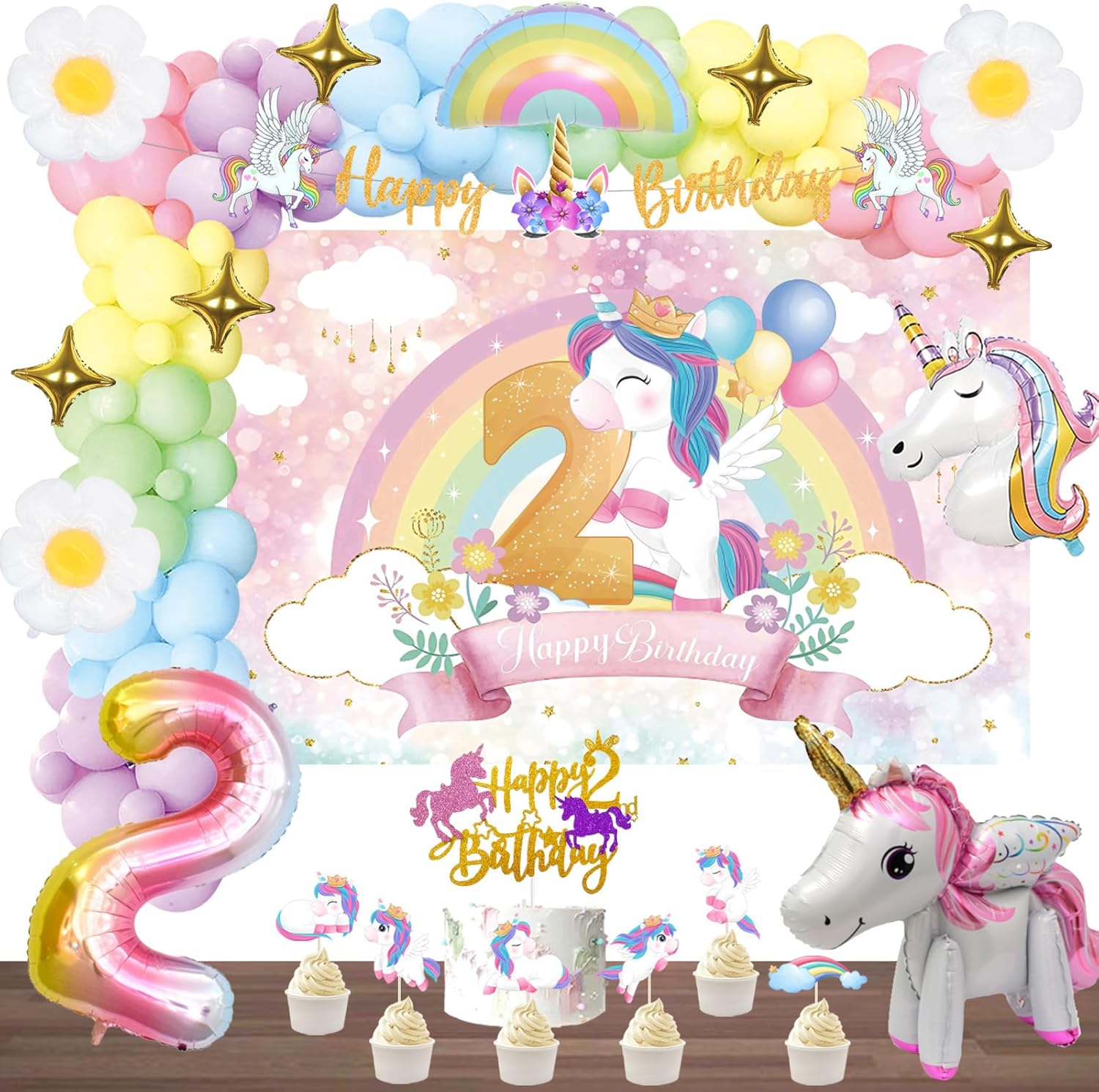 128 decoraciones de unicornio para el segundo cumpleaños para niñas, decoraciones de fiesta de cumpleaños de unicornio de Fiesec de dos años,