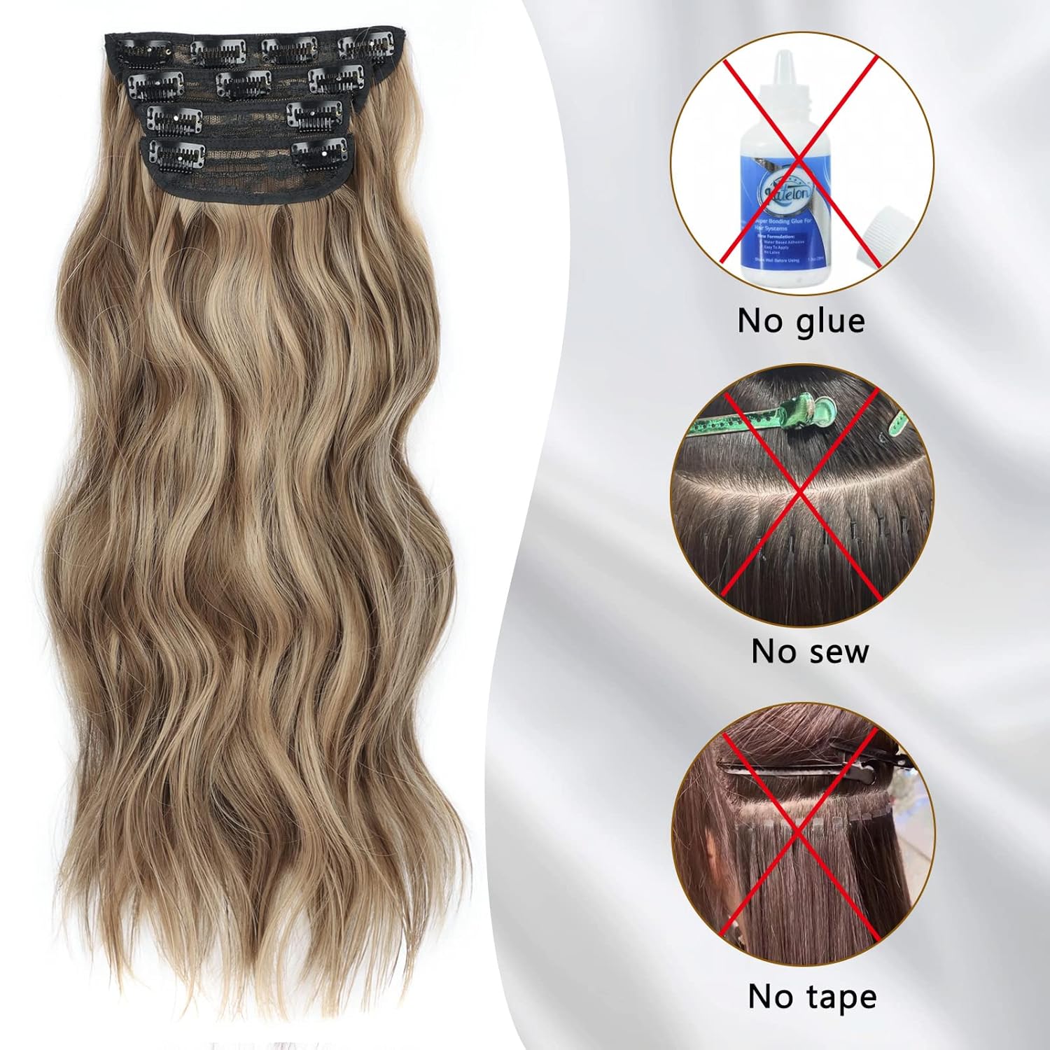 Extensiones de cabello sintético ondulado y largo sin enredos de 20 pulgadas, color rubio miel mezclado con marrón claro, 4 piezas, extensiones de