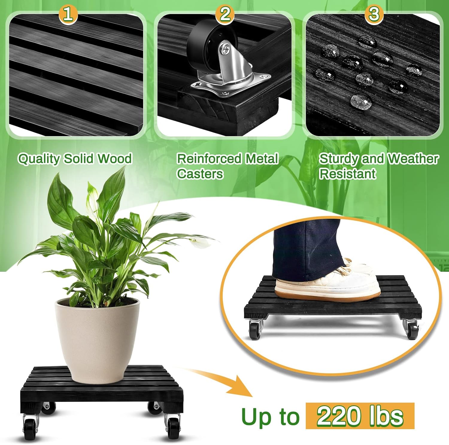 Taiyin Paquete de 4 soportes para plantas de 14 pulgadas con ruedas bloqueables, soporte rodante resistente para plantas de 220 libras, base de