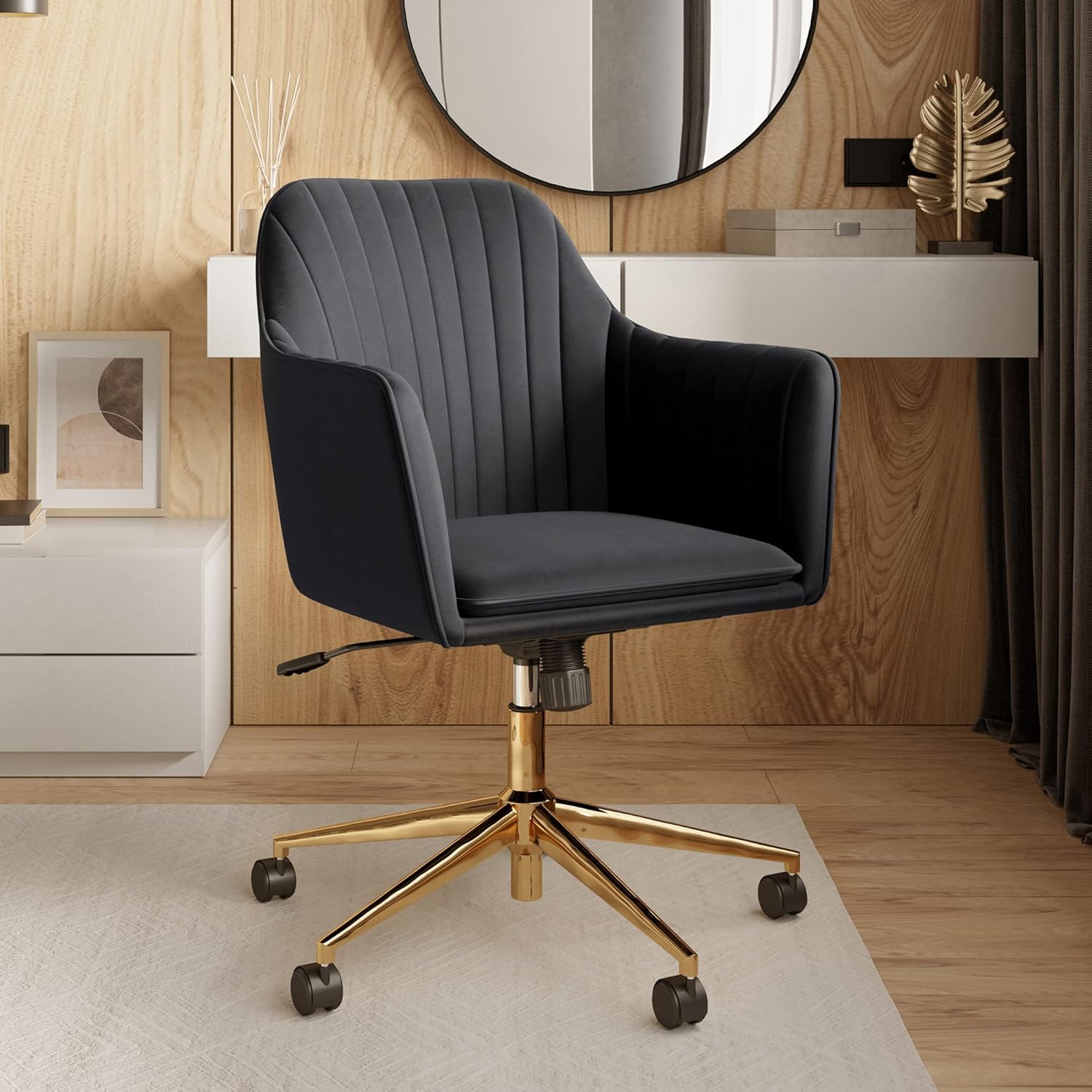 BELLEZE Silla de escritorio moderna tapizada de terciopelo con ruedas giratorias y altura ajustable, sillón decorativo para oficina o tocador,