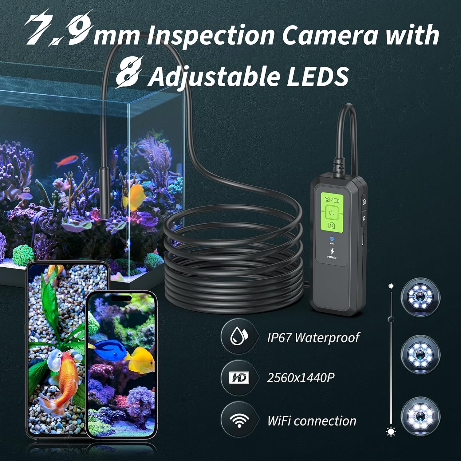 Cámara endoscopio con luz, cámara de inspección WiFi para iOS 9.0+ y Android 4.4+, 1280P HD multiesceno uso boroscopio, cámara serpiente con IP67