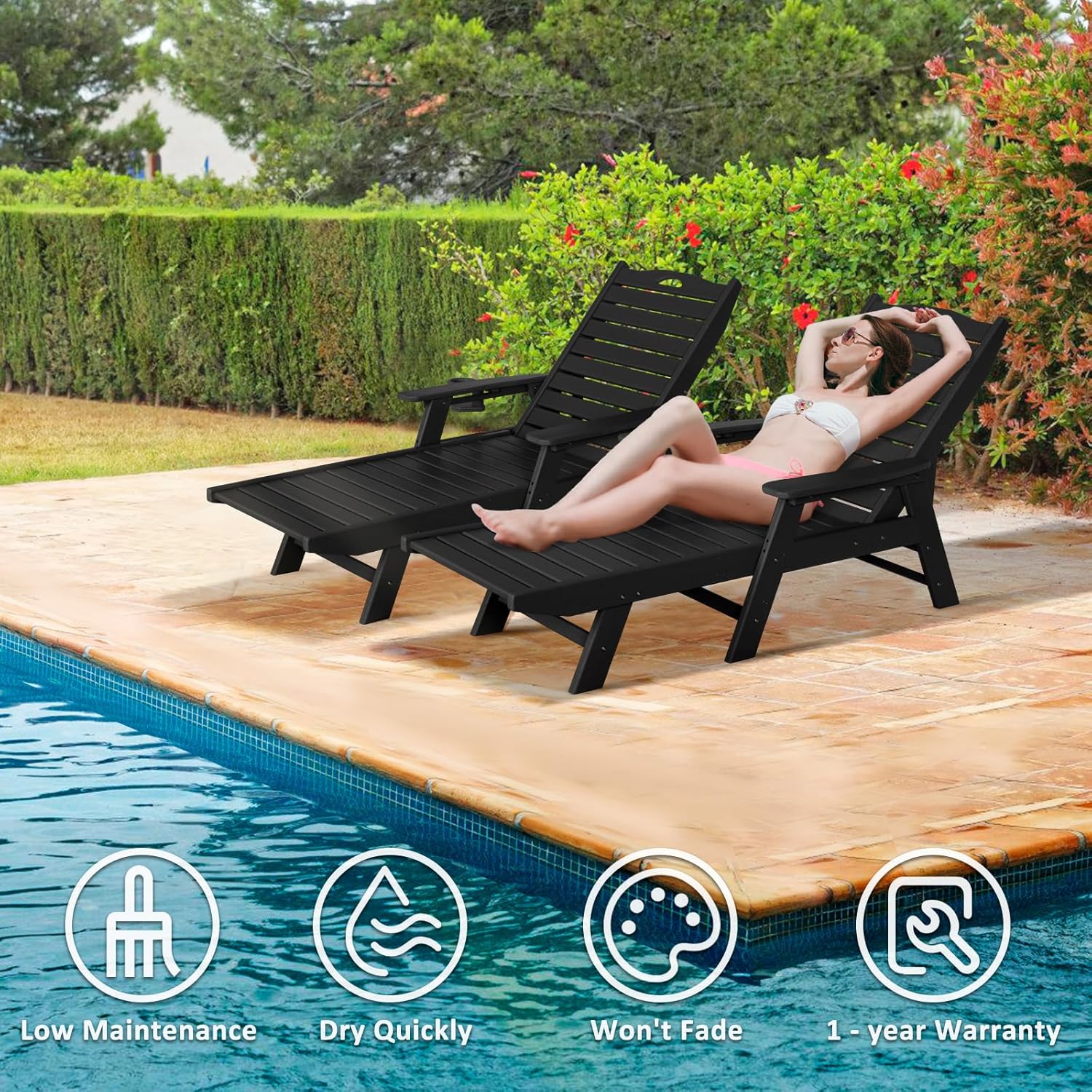 nalone Chaise Lounge para exteriores con respaldo ajustable de 5 posiciones, silla de descanso de polietileno de alta densidad para soportar