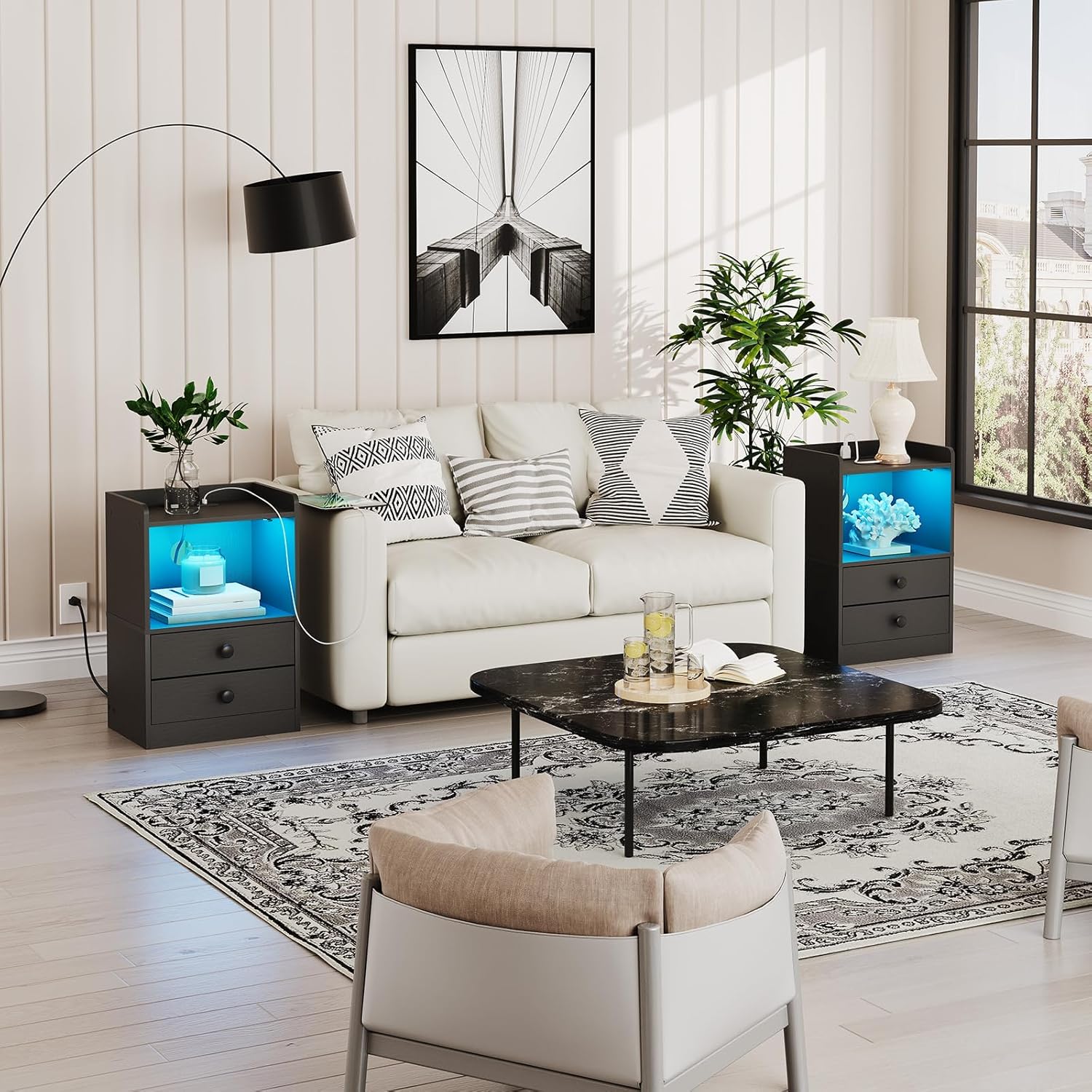 HOOBRO Mesita de noche con estación de carga, moderna mesita de noche con luces LED, mesa auxiliar con 2 cajones, mesa auxiliar con puertos USB y