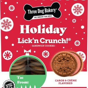 Three Dog Bakery Lick’n Crunch! Galletas de sándwich navideñas, sabor a algarroba y crema roja, golosinas prémium para perros, 13 onzas cada una Three Dog Bakery Lick’n Crunch! Galletas de sándwich navideñas, sabor a algarroba y crema roja, golosinas prémium para perros, 13 onzas cada una