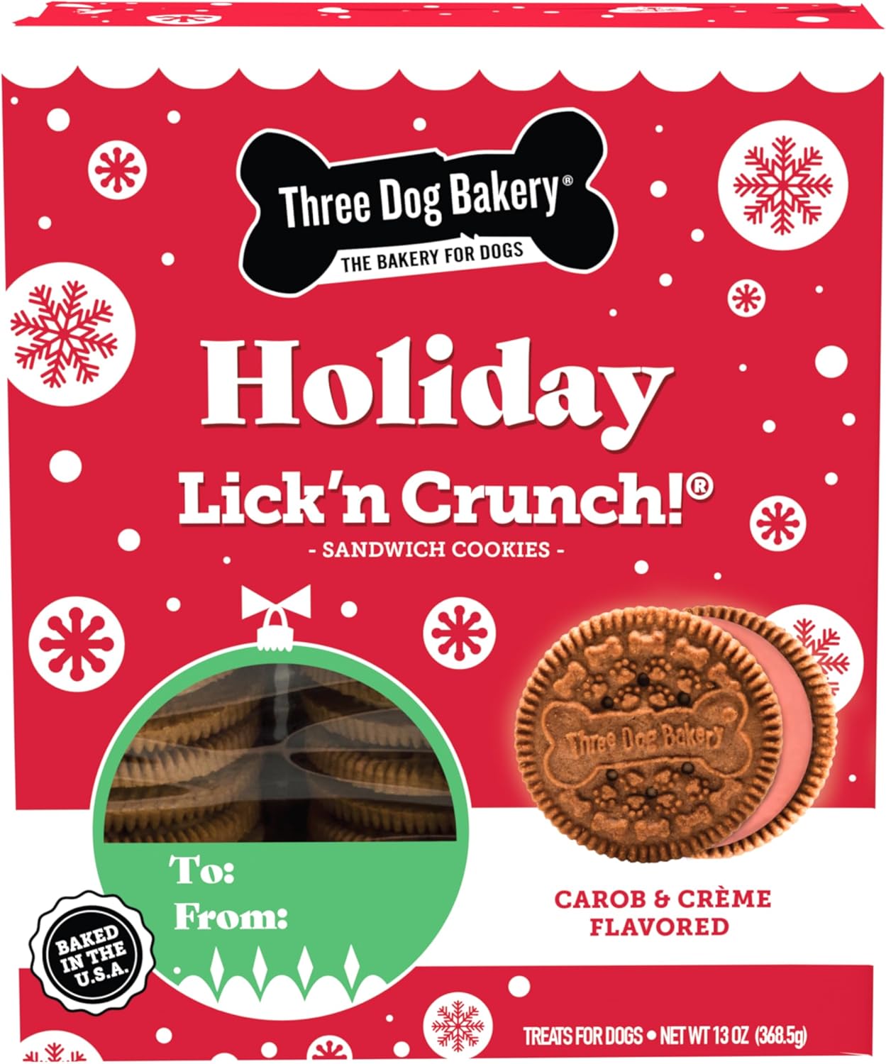 Three Dog Bakery Lick’n Crunch! Galletas de sándwich navideñas, sabor a algarroba y crema roja, golosinas prémium para perros, 13 onzas cada una