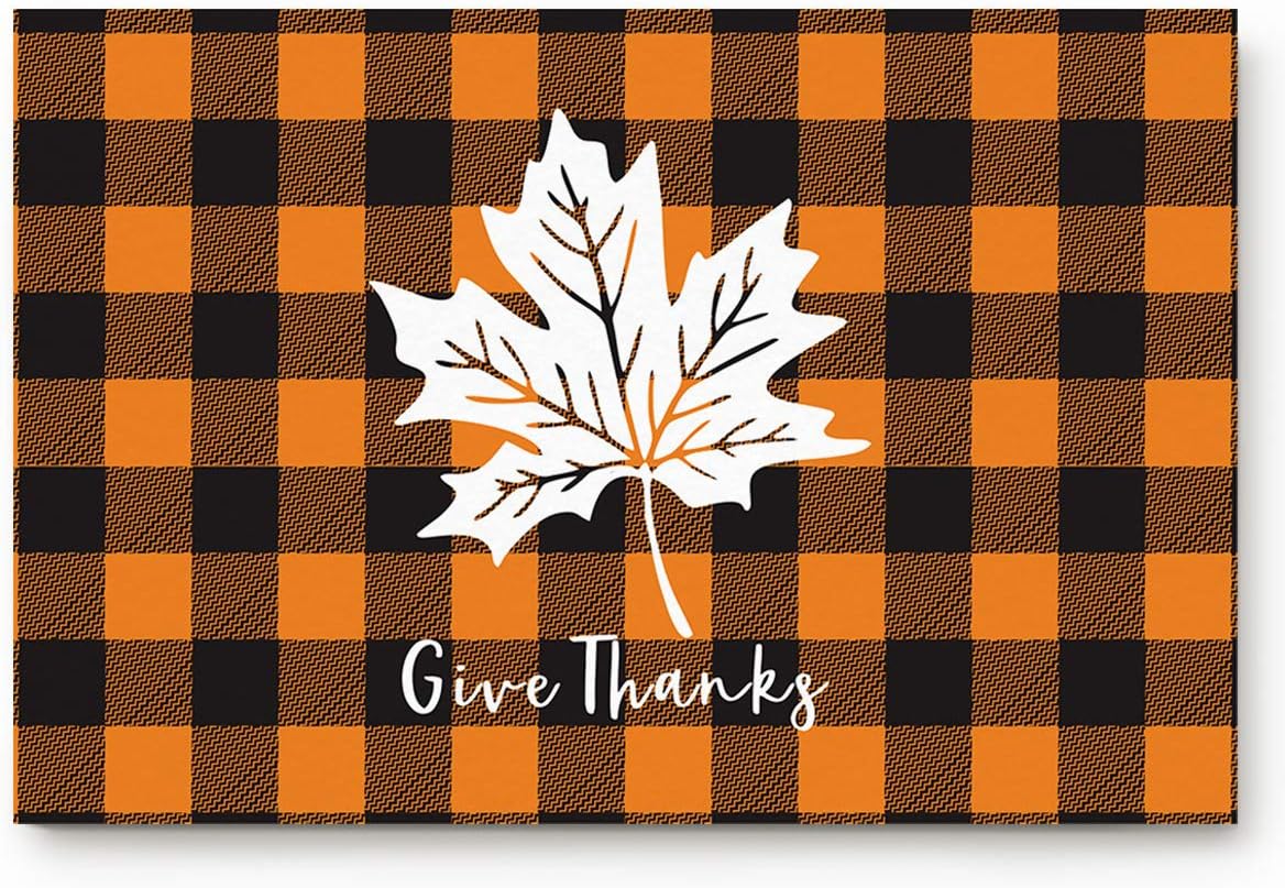 Doormats Entrance Front Door Rugs Maple Leave on Orange Plaid Decorative IndoorBathroomKitchenBedroomEntryway Floor Bath Mats, Non-Slip Rubber