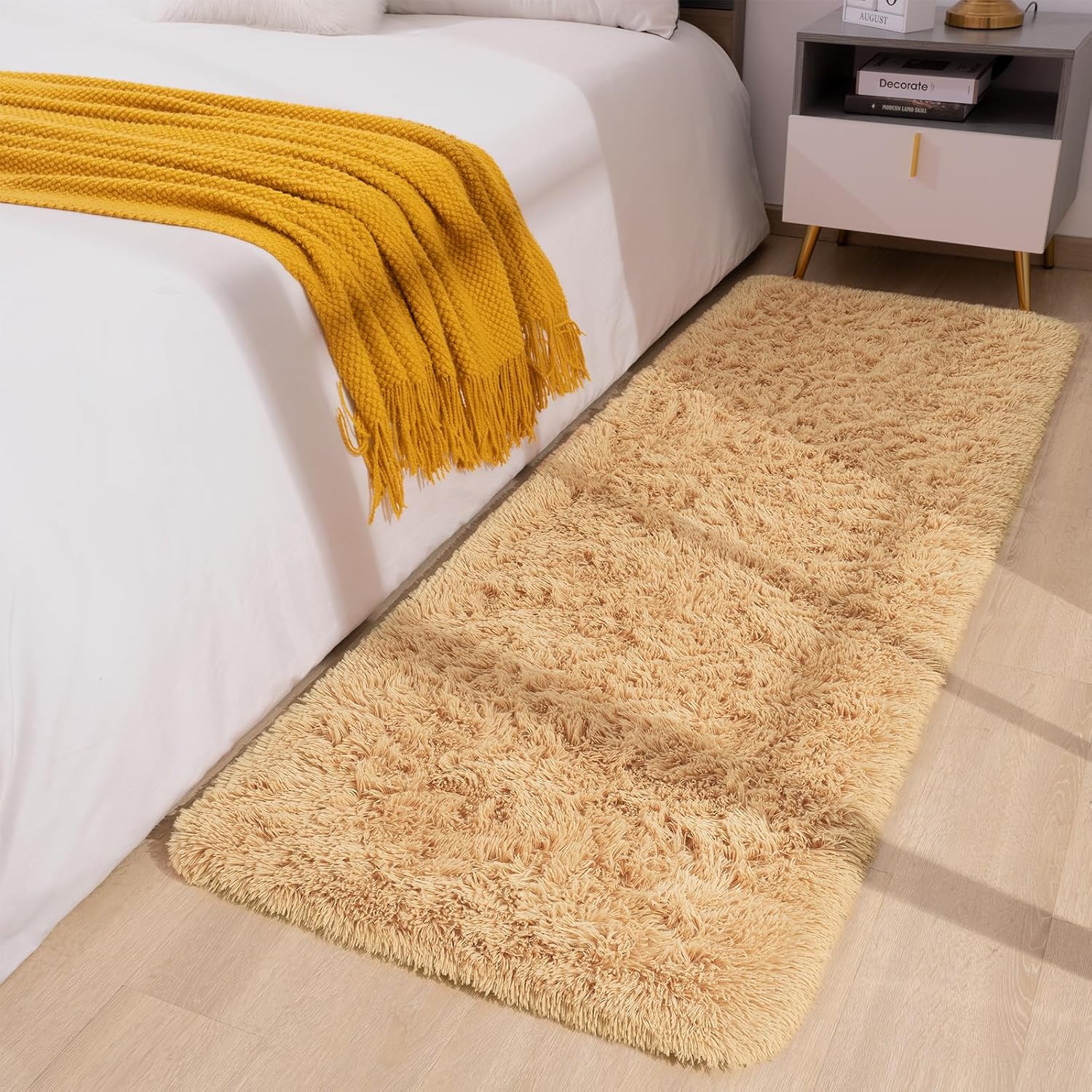 Toneed Alfombra mullida para dormitorio, sala de estar, 2 x 6 pies, color camello, alfombra lanuda súper suave y moderna, alfombra de felpa mullida