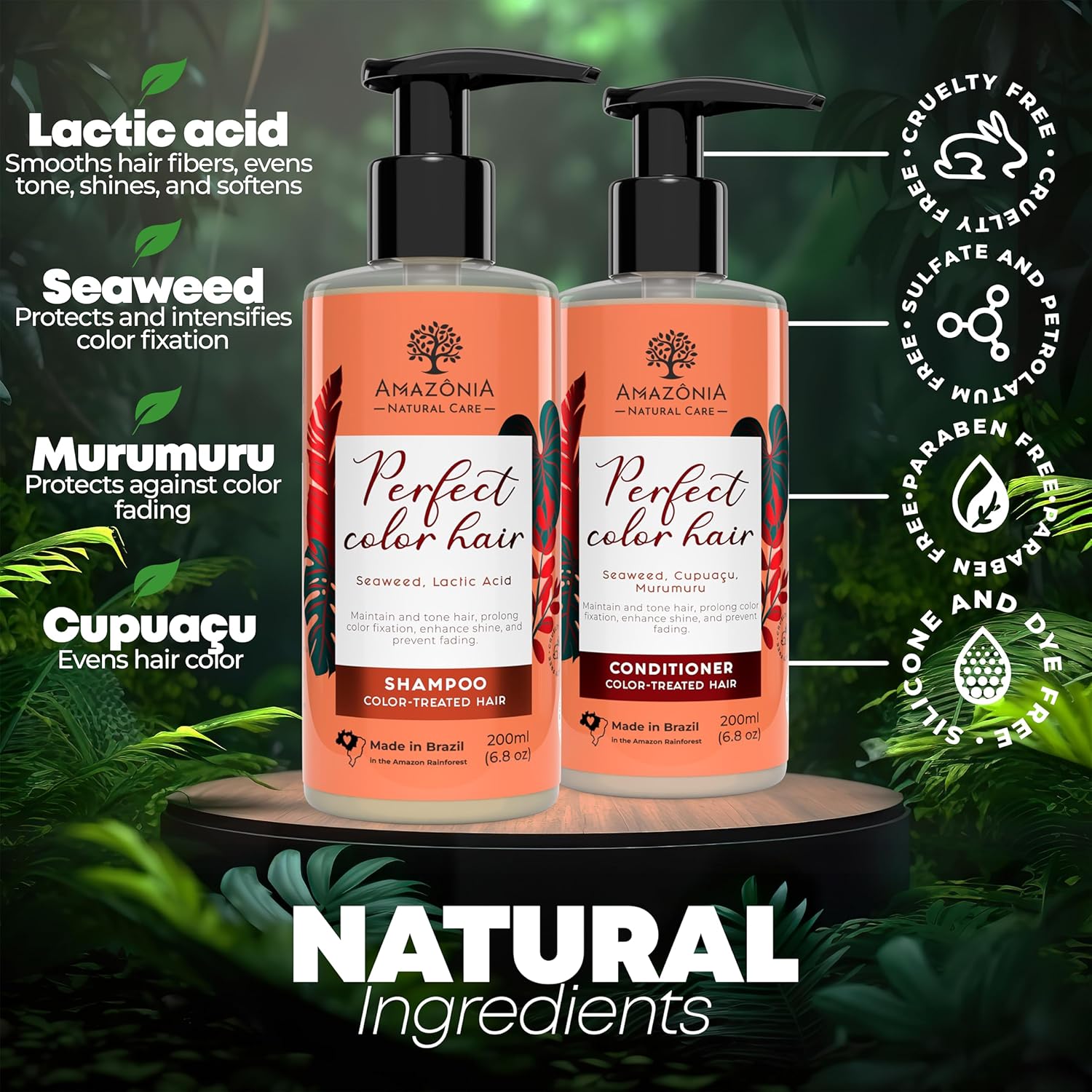 Champú y acondicionador de color natural para cabello tratado con algas marinas, ácido láctico, cupuacu y murumuru para evitar la decoloración e