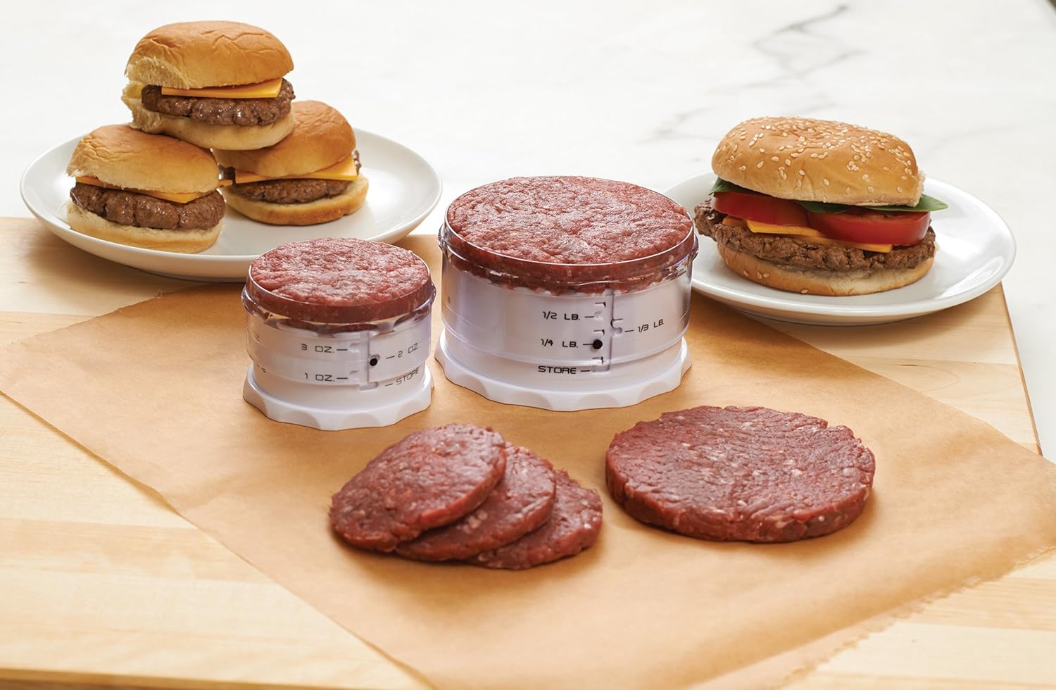 KitchenArt Adjust-A– Juego de prensa para hamburguesas, plástico, 2 piezas, color blanco