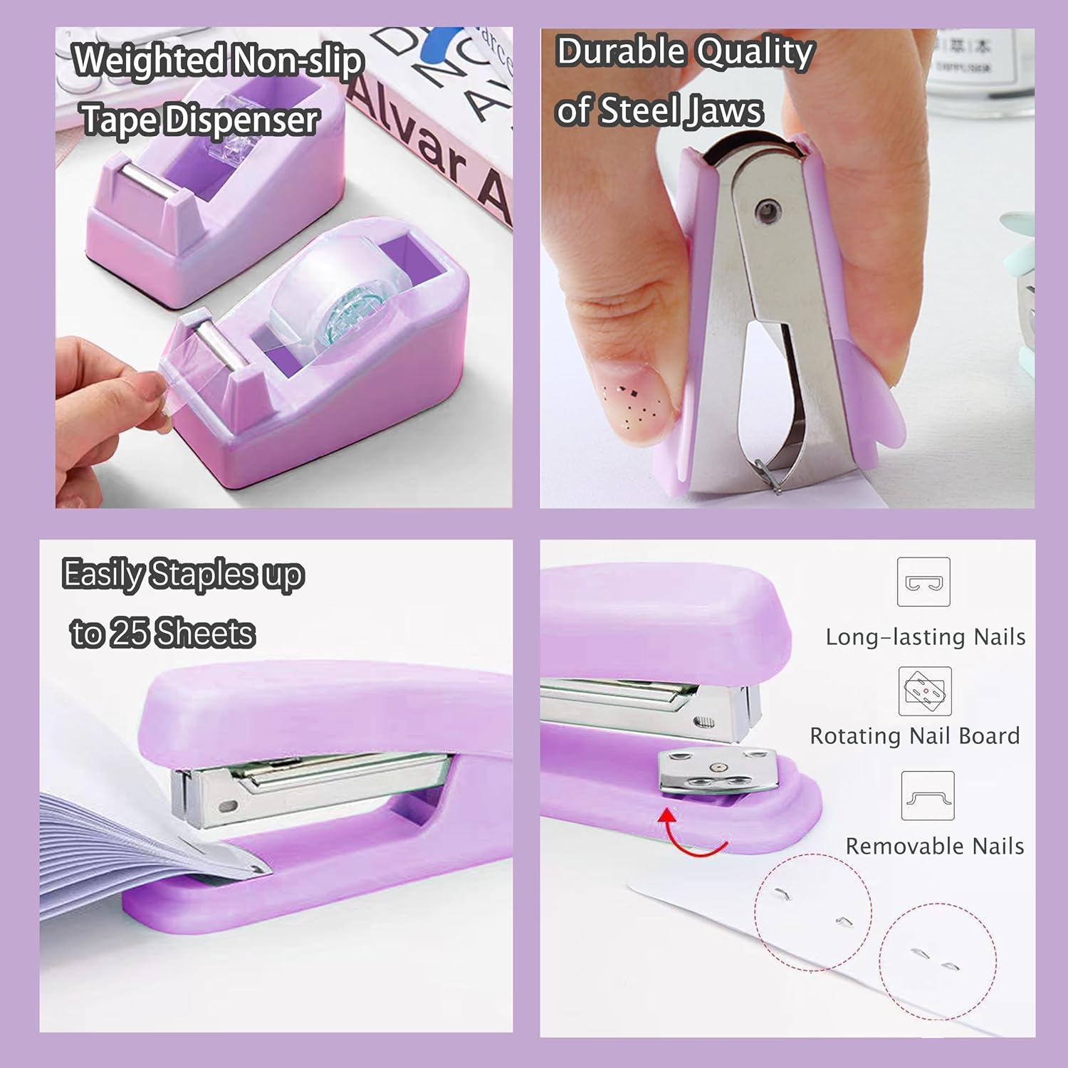 Suministros de oficina morados, suministros y accesorios de oficina morados, juego de grapadora púrpura y dispensador de cinta para mujeres,