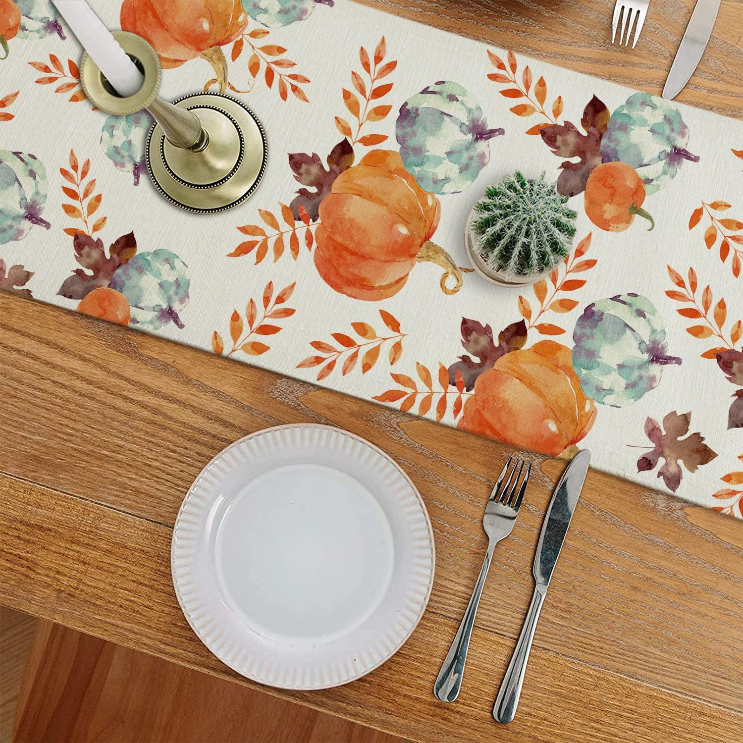 Camino de mesa de otoño, acuarela, calabaza, cosecha de otoño, Acción de Gracias, caminos de mesa de vacaciones, comedor, cocina, decoración de